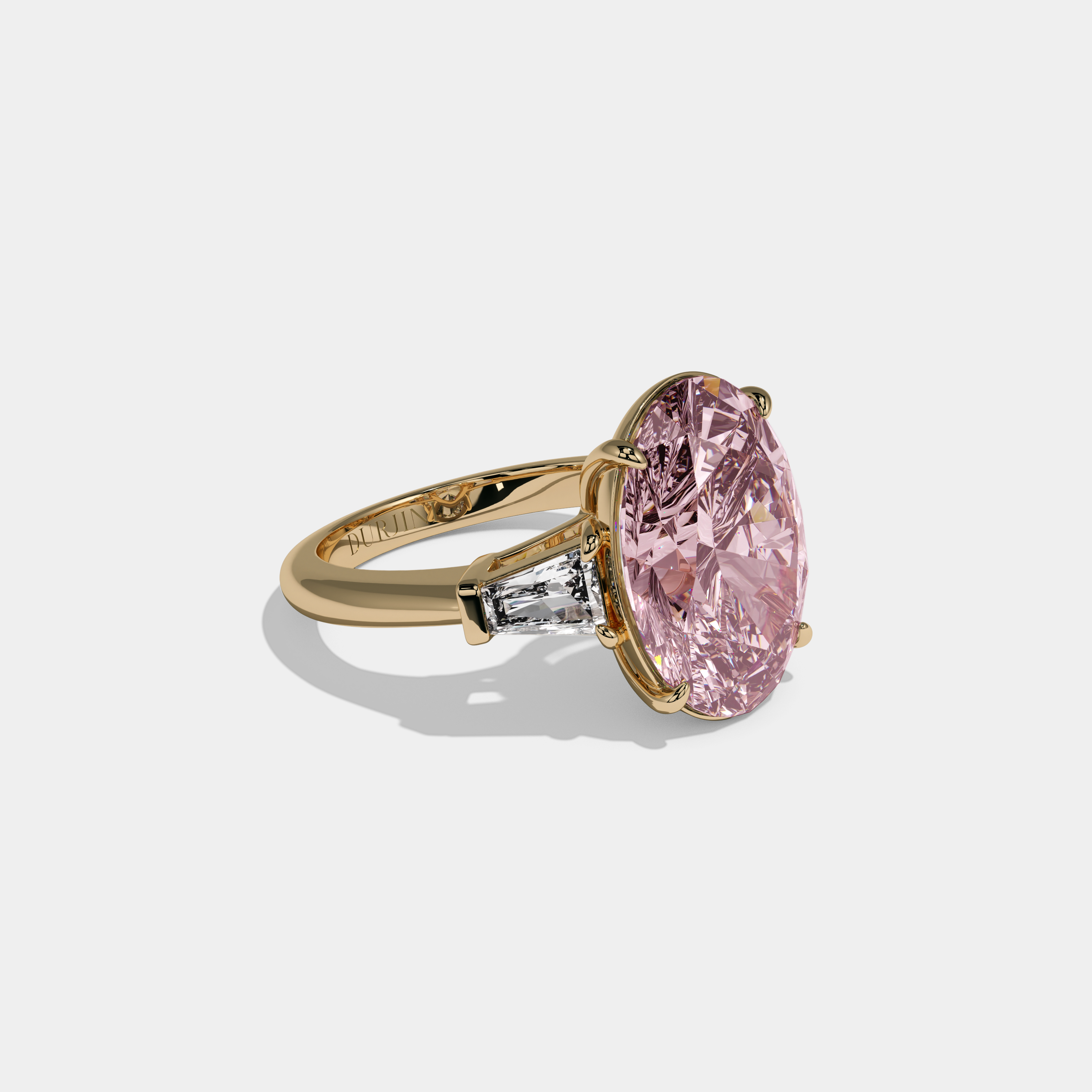 Helena Fancy Pink Oval Cut Diamond Plain Band With Tapered Baguette Cut Sides Engagement Ring 8ct 18K Yellow Gold