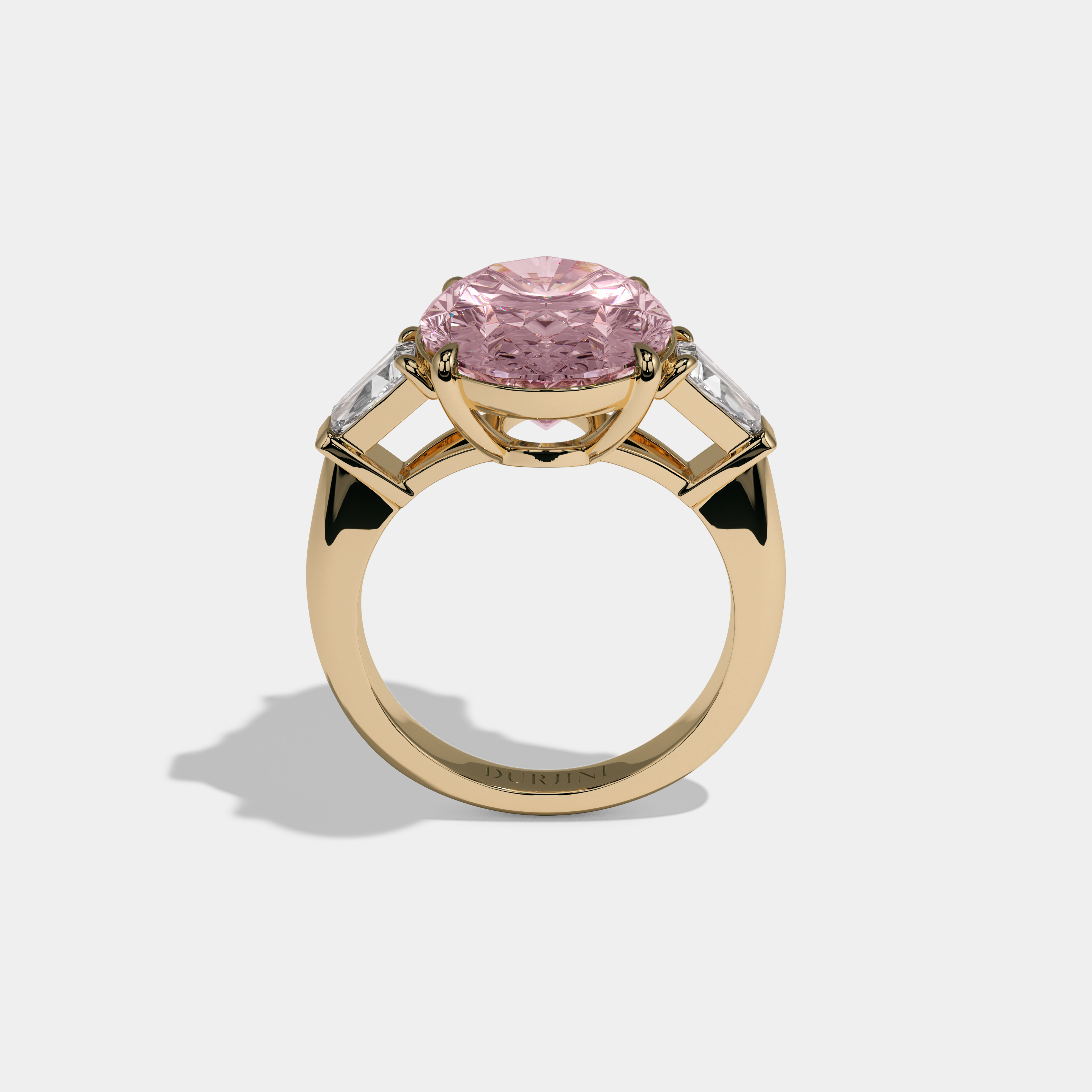 Helena Fancy Pink Oval Cut Diamond Plain Band With Tapered Baguette Cut Sides Engagement Ring 8ct 18K Yellow Gold