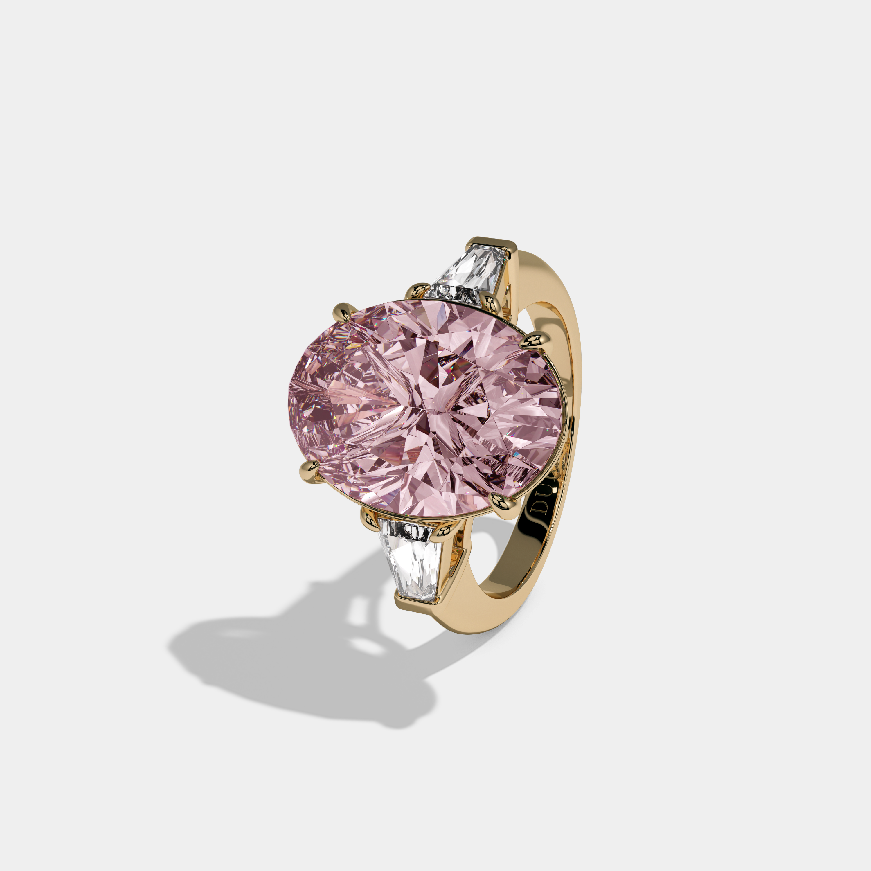 Helena Fancy Pink Oval Cut Diamond Plain Band With Tapered Baguette Cut Sides Engagement Ring 8ct 18K Yellow Gold