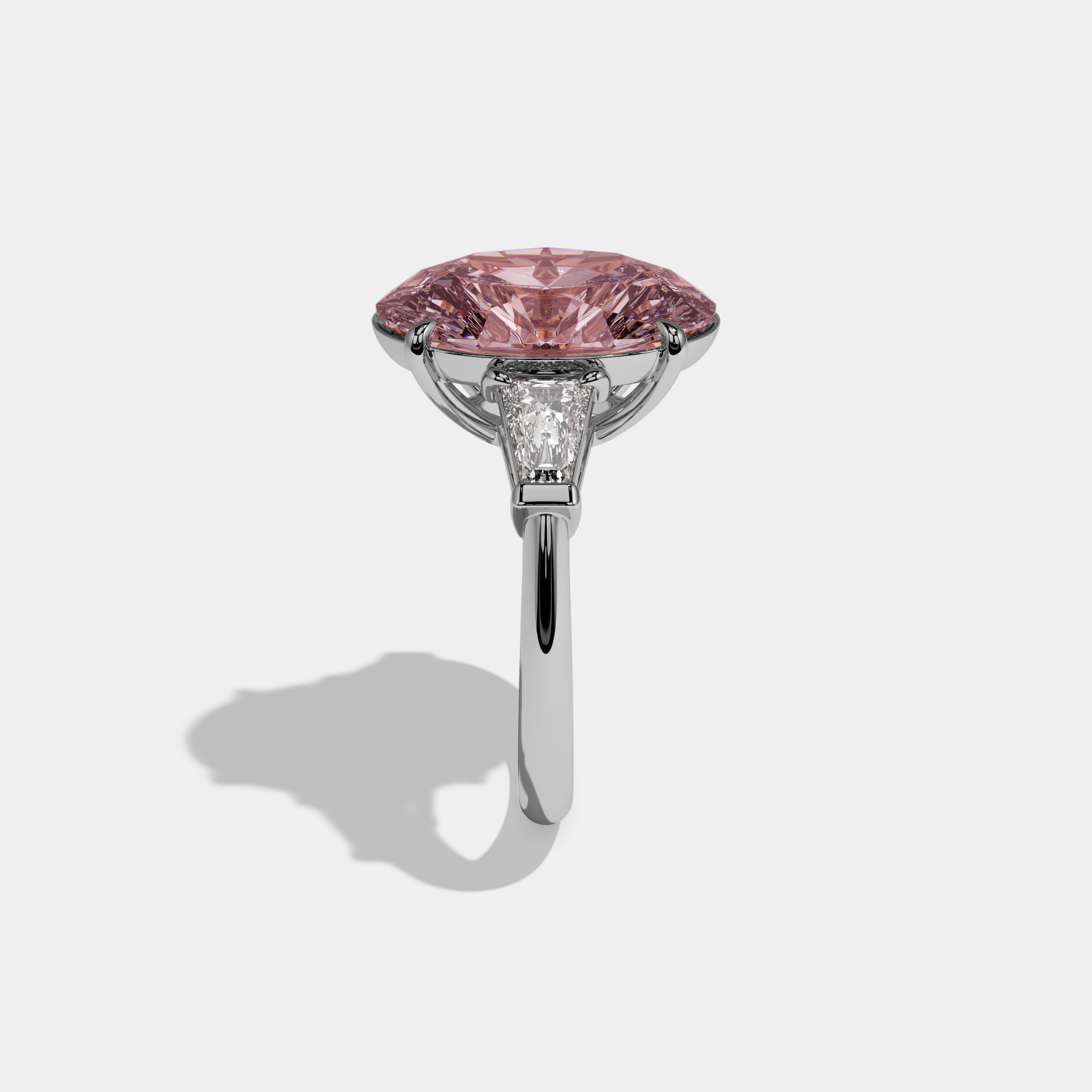 Victoria Fancy Pink Oval Cut Diamond Plain Band With Tapered Baguette Cut Sides Engagement Ring 8ct 18K White Gold