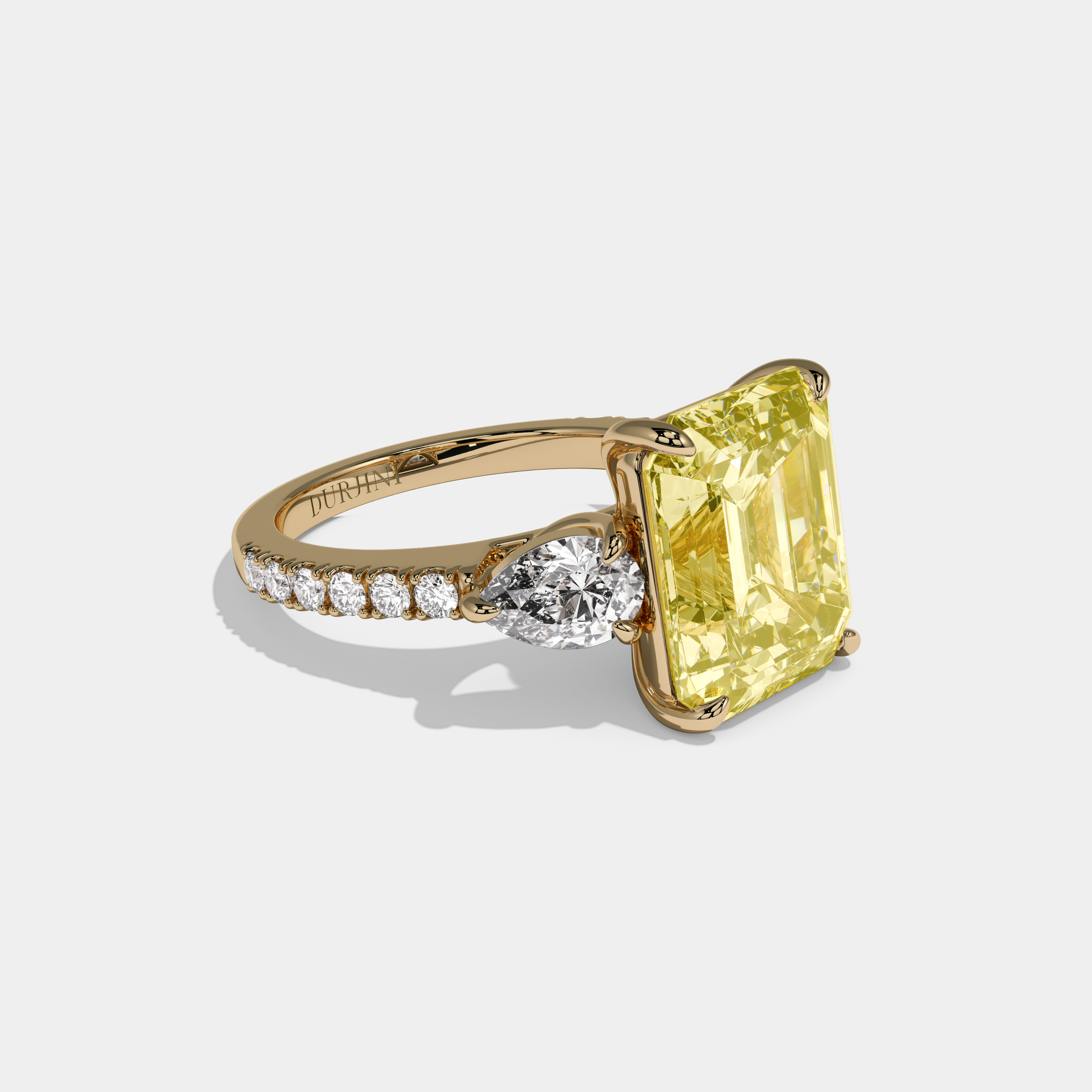 Elizabeth Fancy Yellow Emerald Cut Diamond Halo with Pear Sides Engagement Ring 10ct 18k Yellow Gold