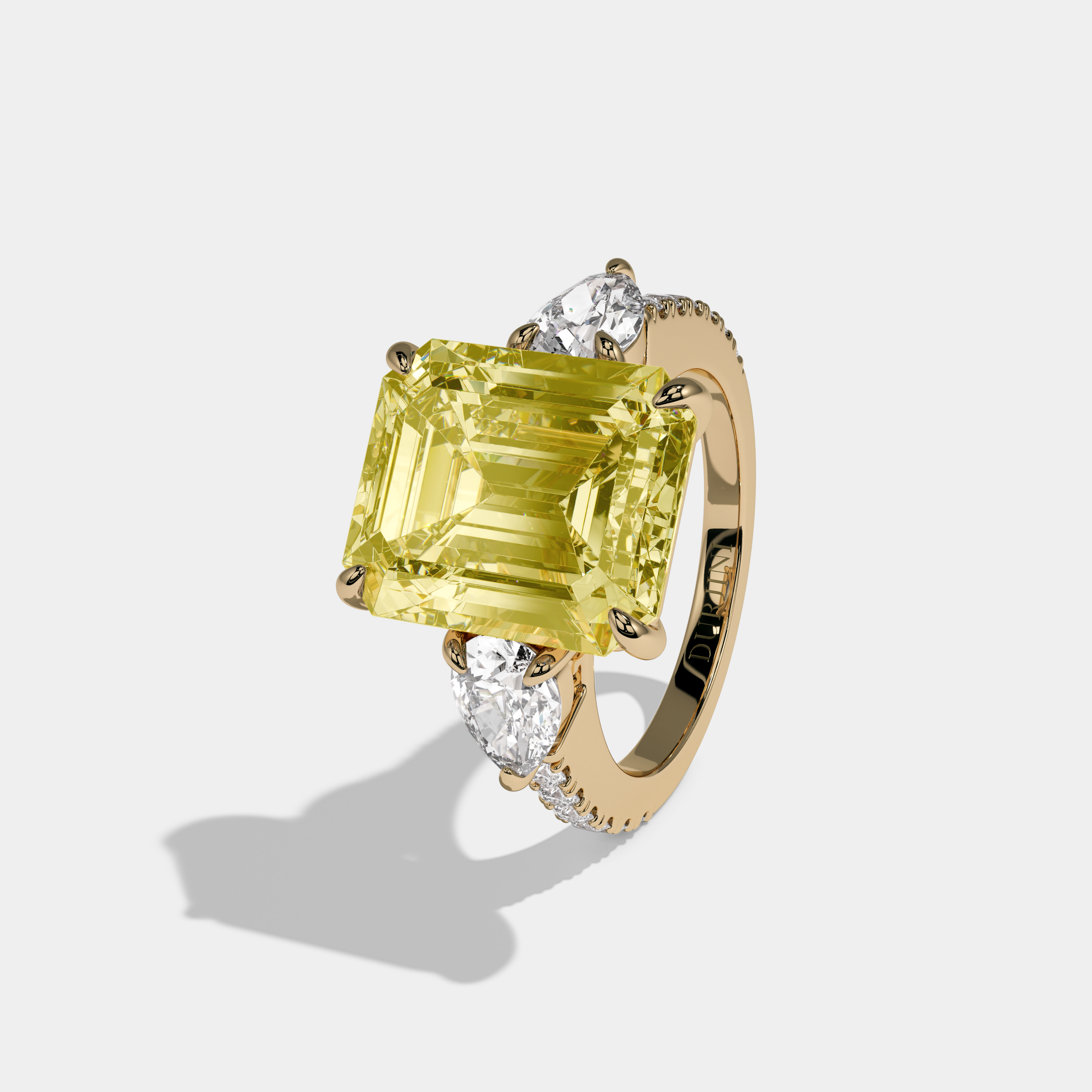 Elizabeth Fancy Yellow Emerald Cut Diamond Halo with Pear Sides Engagement Ring 10ct 18k Yellow Gold