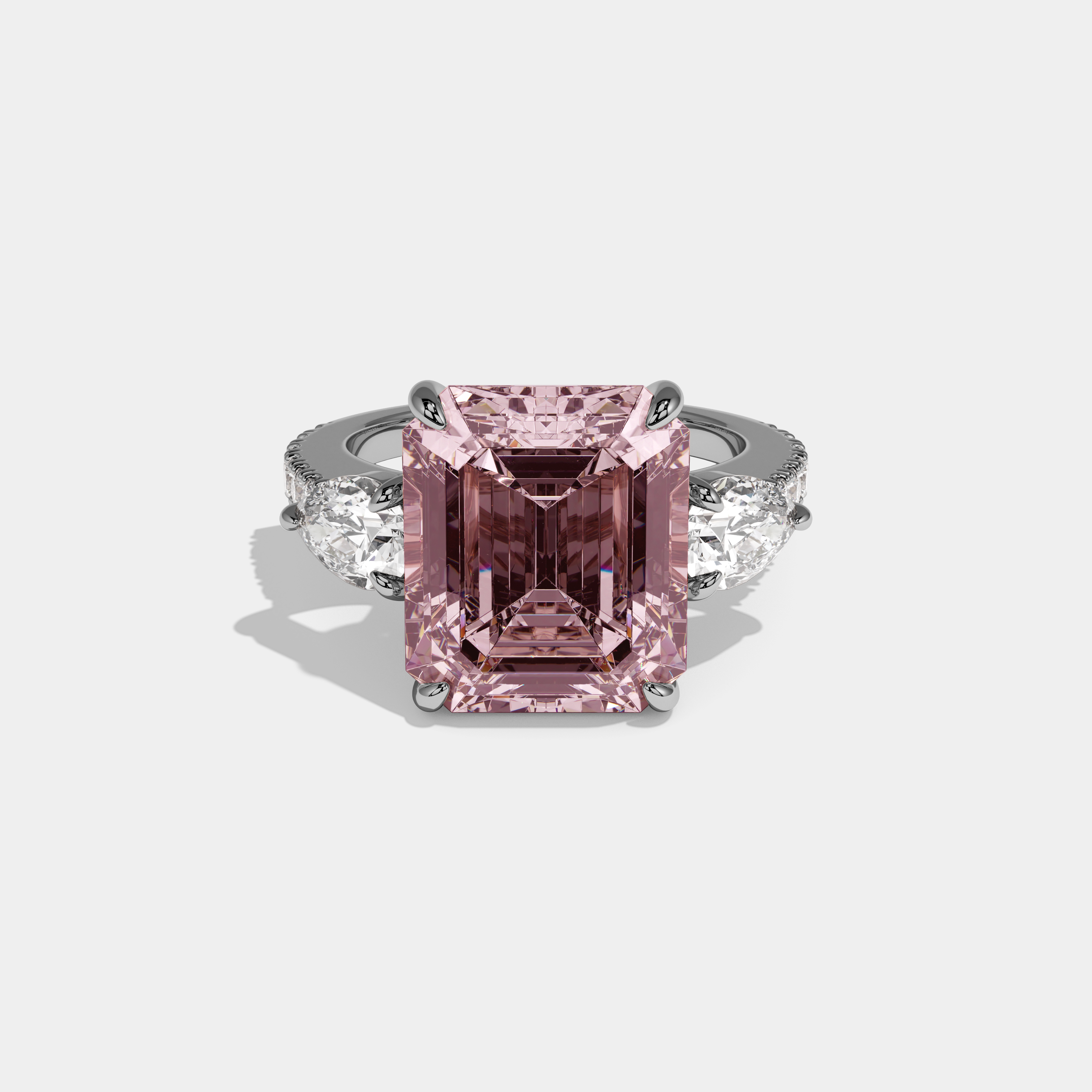 Alexandra Fancy Pink Emerald Cut Diamond Band With Pear Cuts Engagement Ring 8ct 18K White Gold