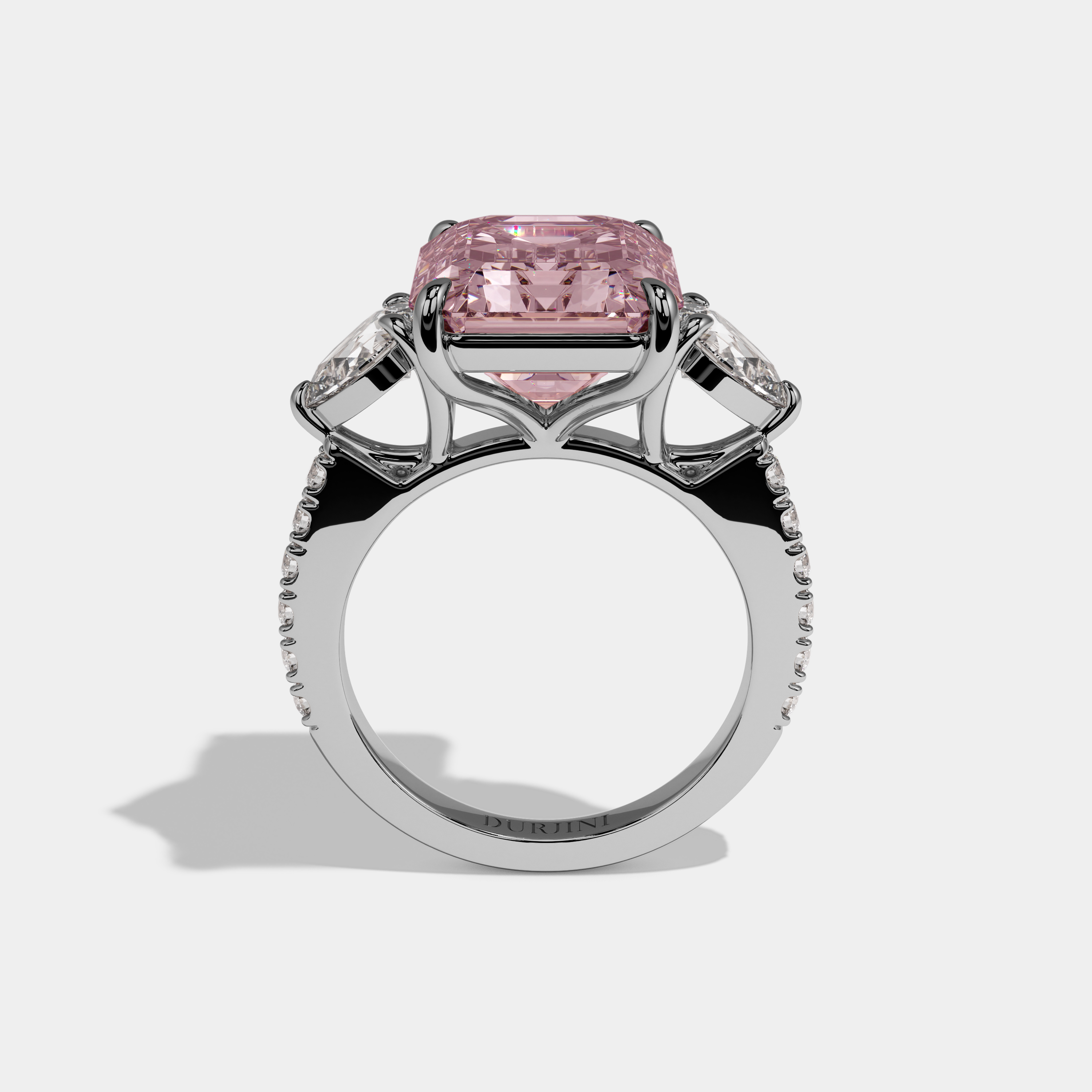 Alexandra Fancy Pink Emerald Cut Diamond Band With Pear Cuts Engagement Ring 8ct 18K White Gold