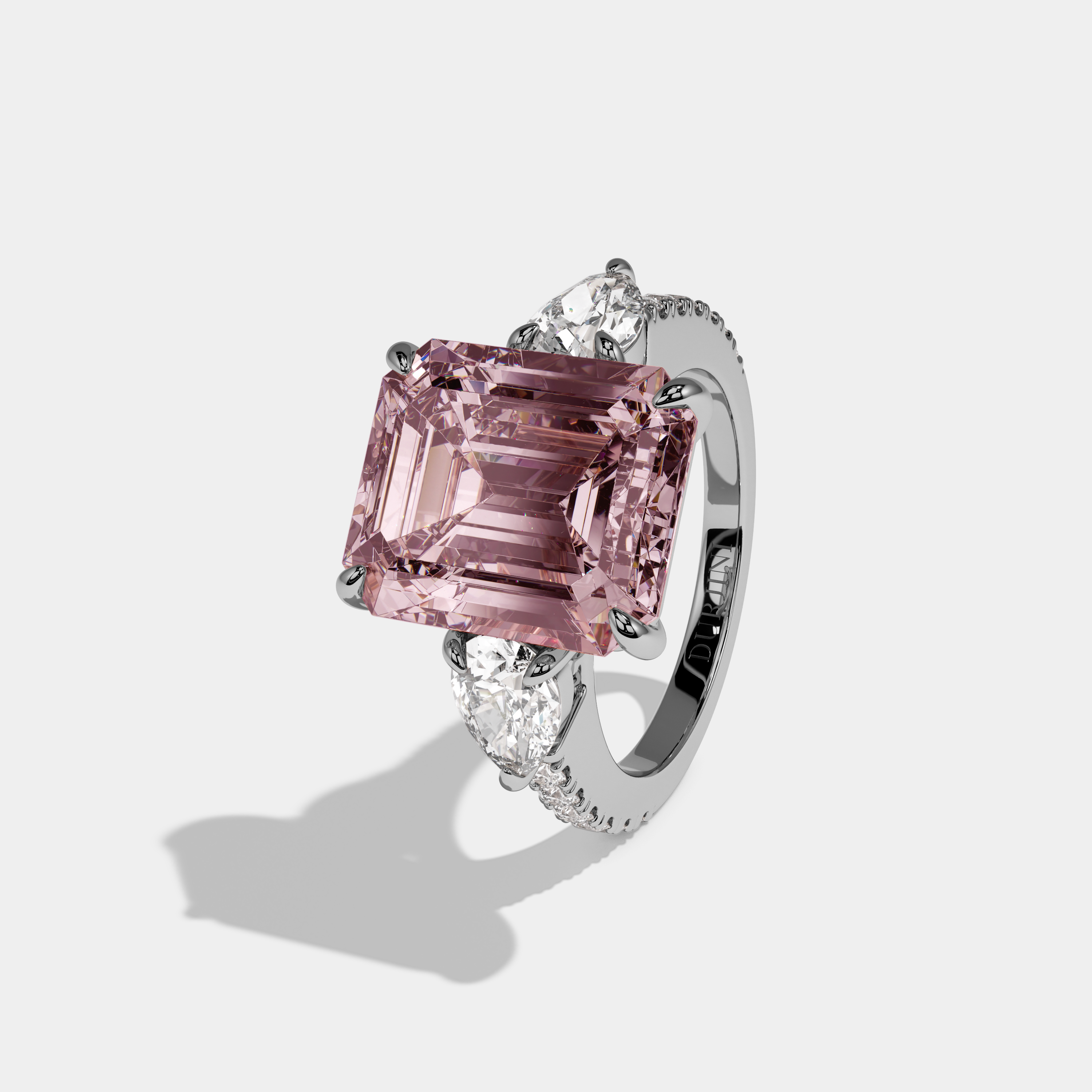 Alexandra Fancy Pink Emerald Cut Diamond Band With Pear Cuts Engagement Ring 8ct 18K White Gold