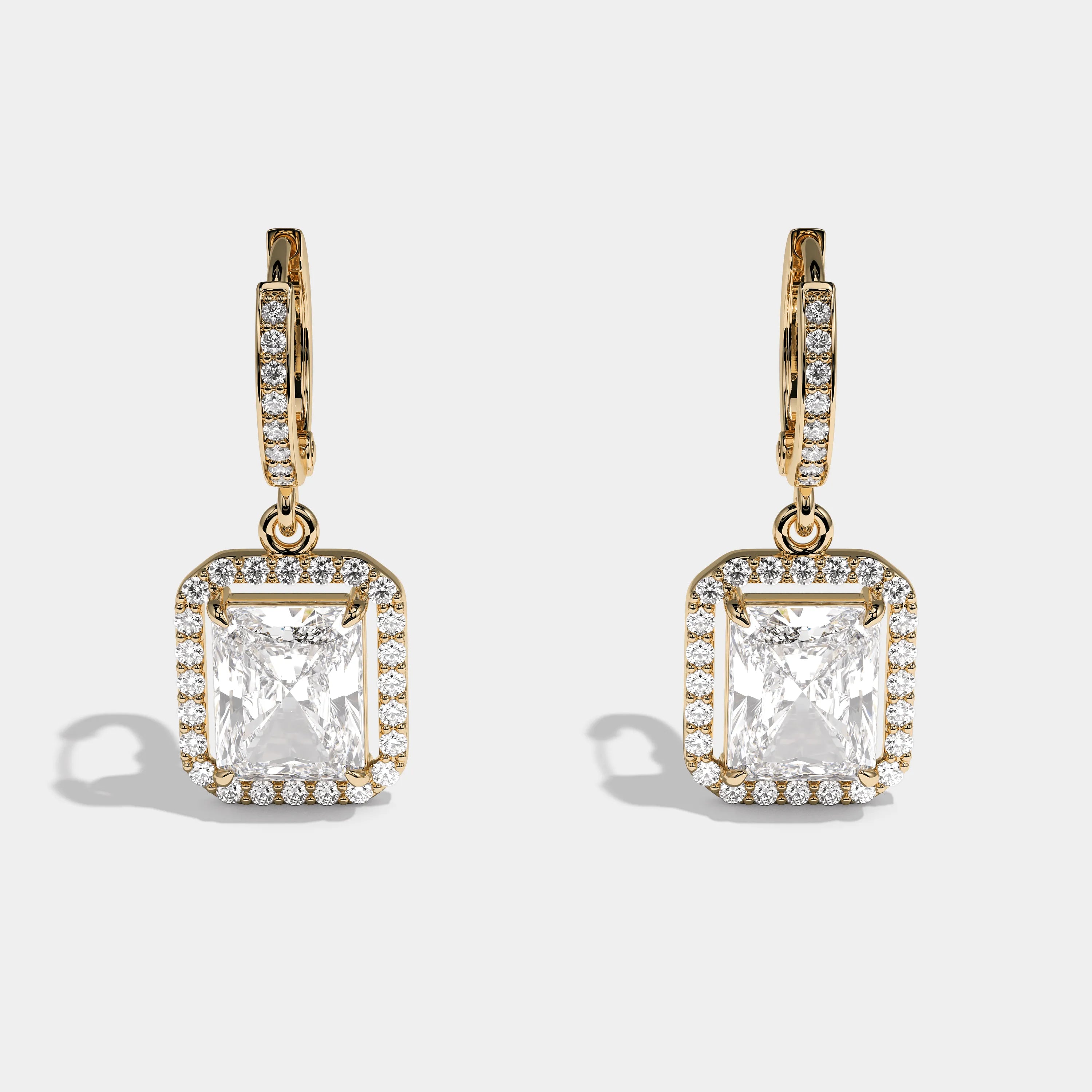 Front view Leopold Luminary Diamond Radiant Twin Halo Earrings Yellow Gold Kurbãni Durjini
