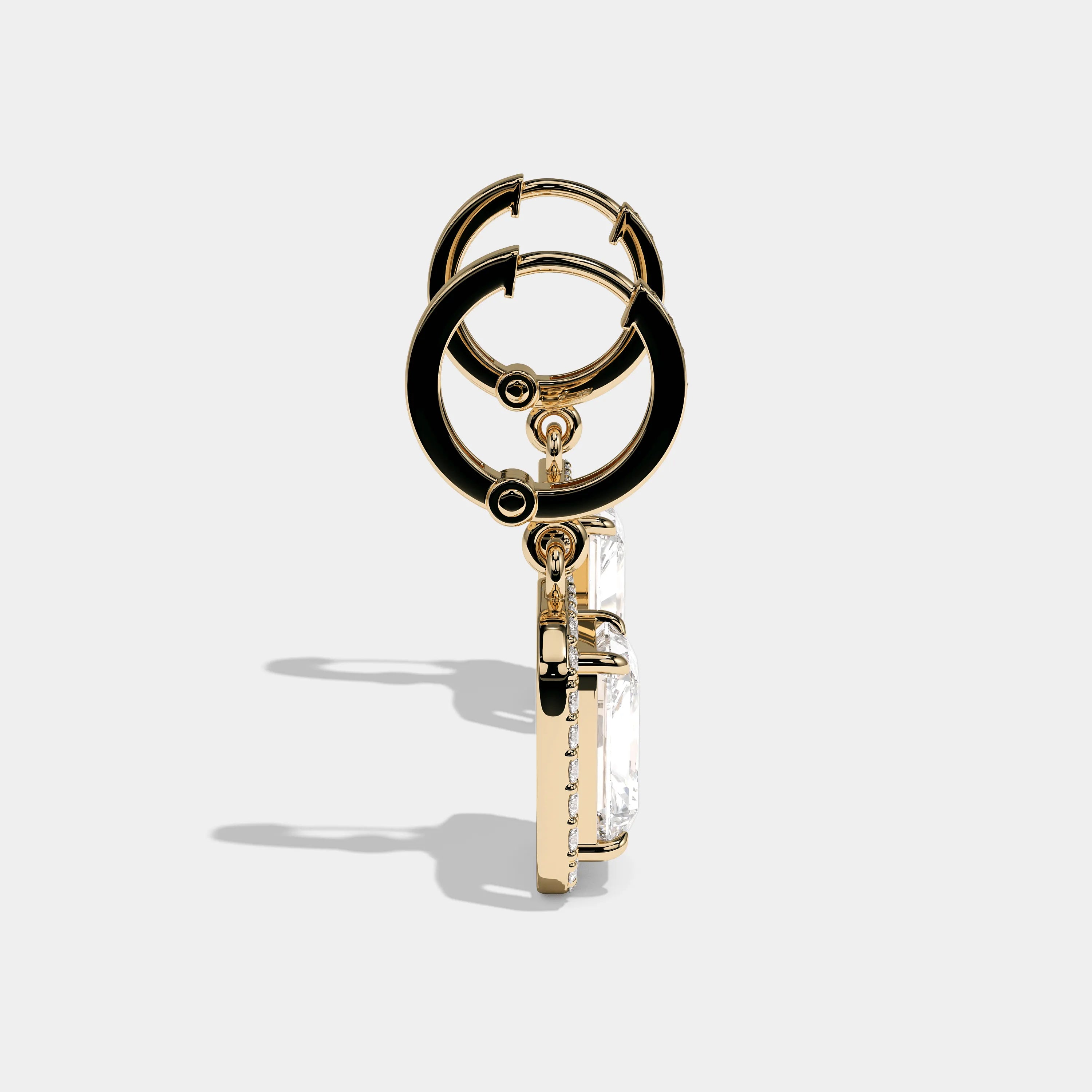 Side view Leopold Luminary Diamond Radiant Twin Halo Earrings Yellow Gold Kurbãni Durjini