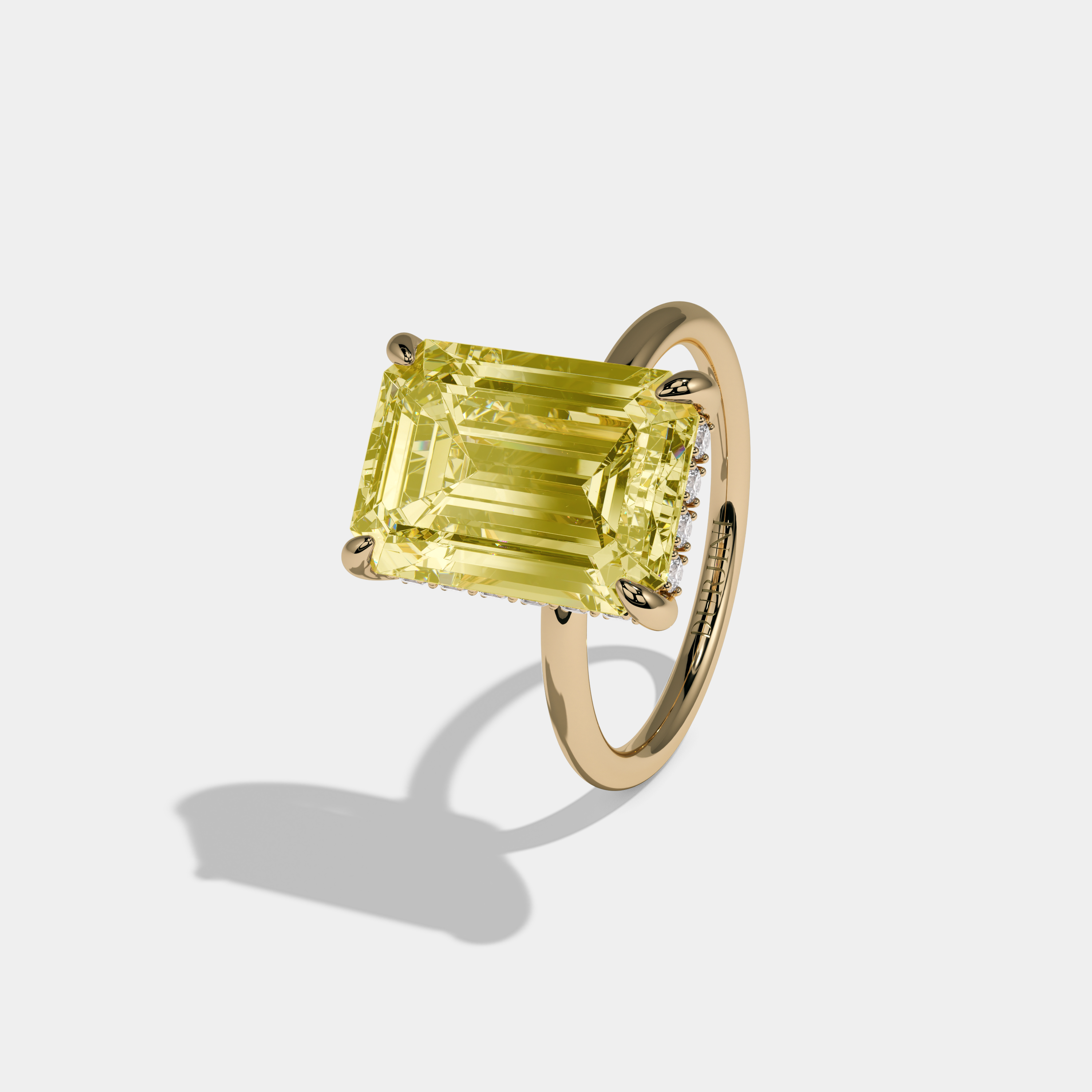 Alexandra Fancy Yellow Emerald Cut Diamond Halo With Plain Band Engagement Ring 6.5ct 18k Yellow Gold