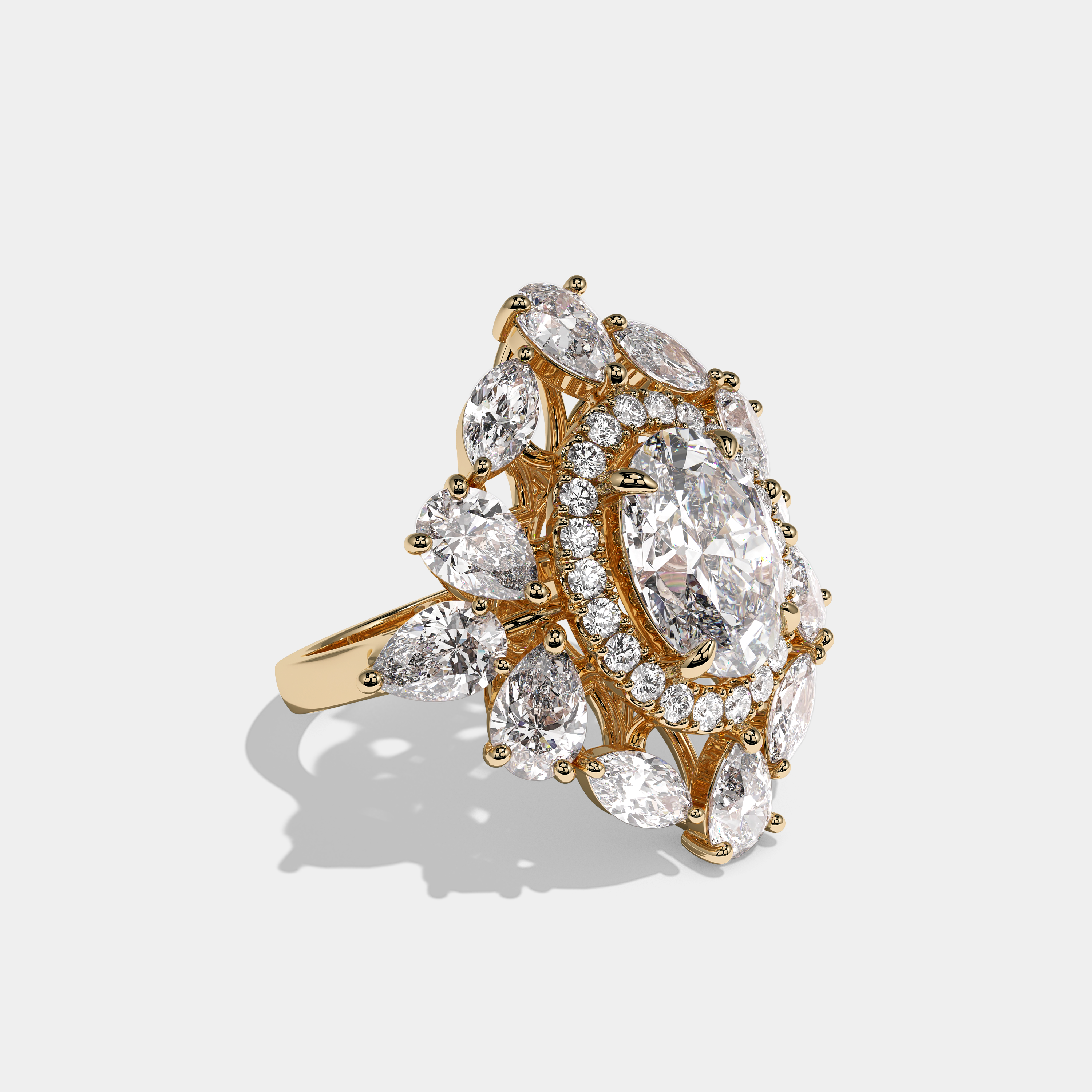 Adelaide Sovereign oval halo diamond engagement ring in 18K yellow gold by Kurbãni Durjini, right view