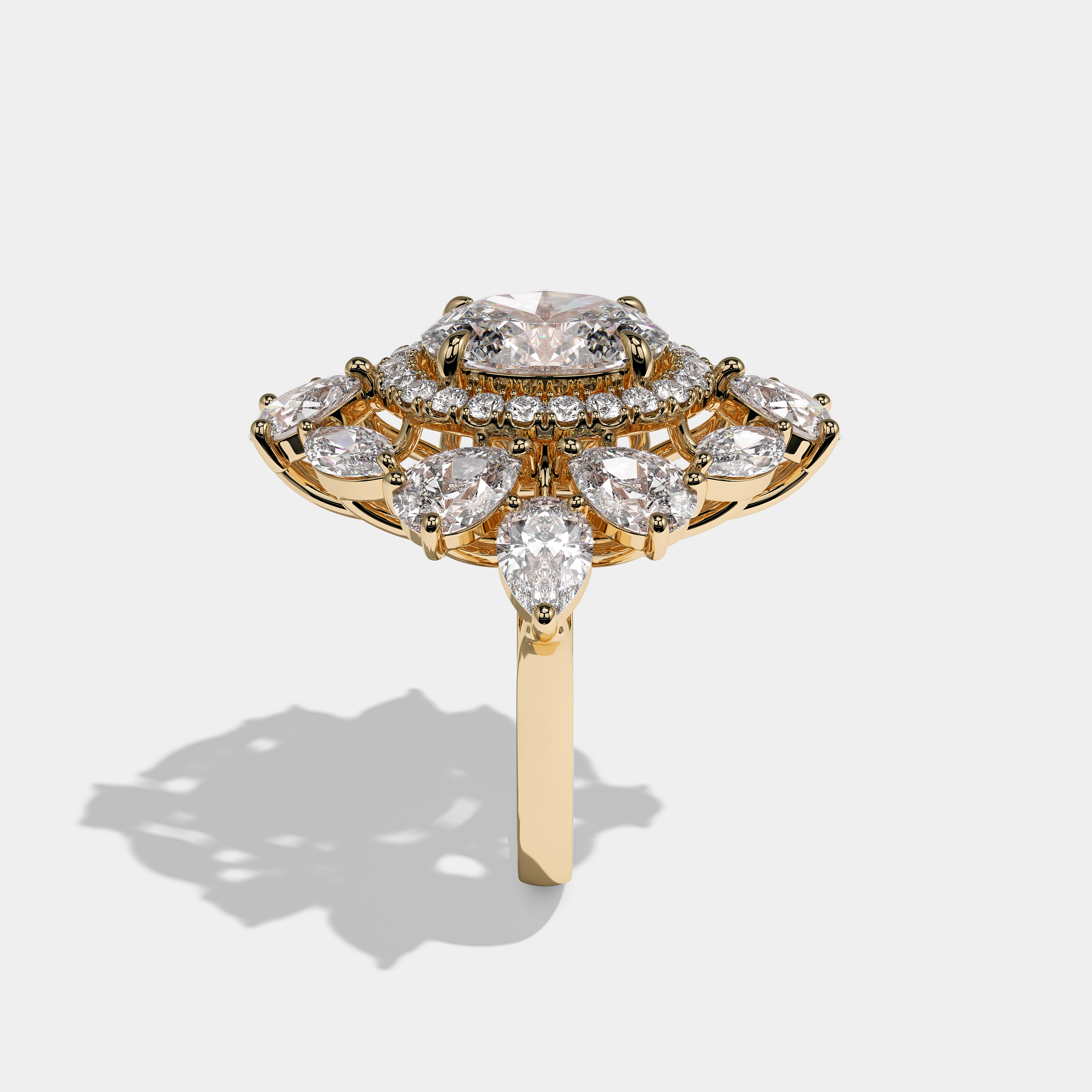 Adelaide Sovereign oval halo diamond engagement ring in 18K yellow gold by Kurbãni Durjini, side view