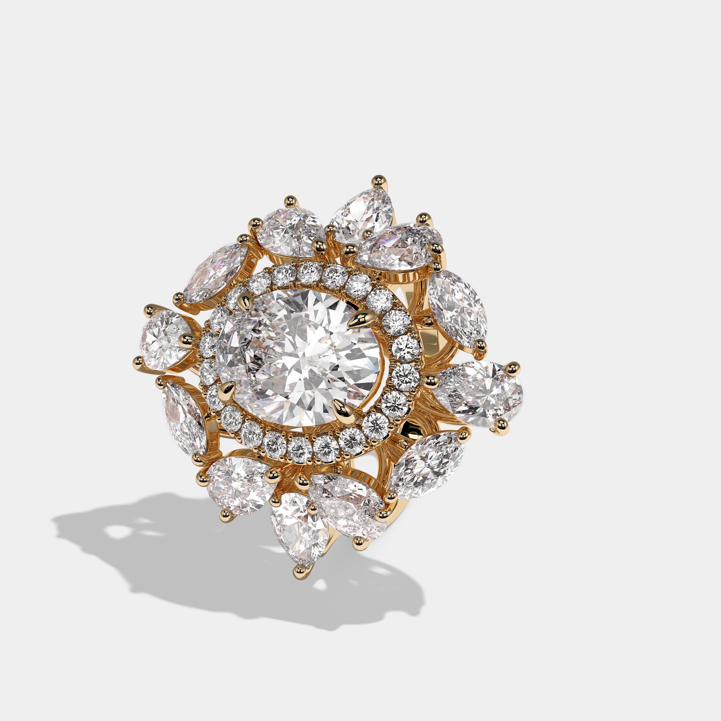 Adelaide Sovereign oval halo diamond engagement ring in 18K yellow gold by Kurbãni Durjini, left view