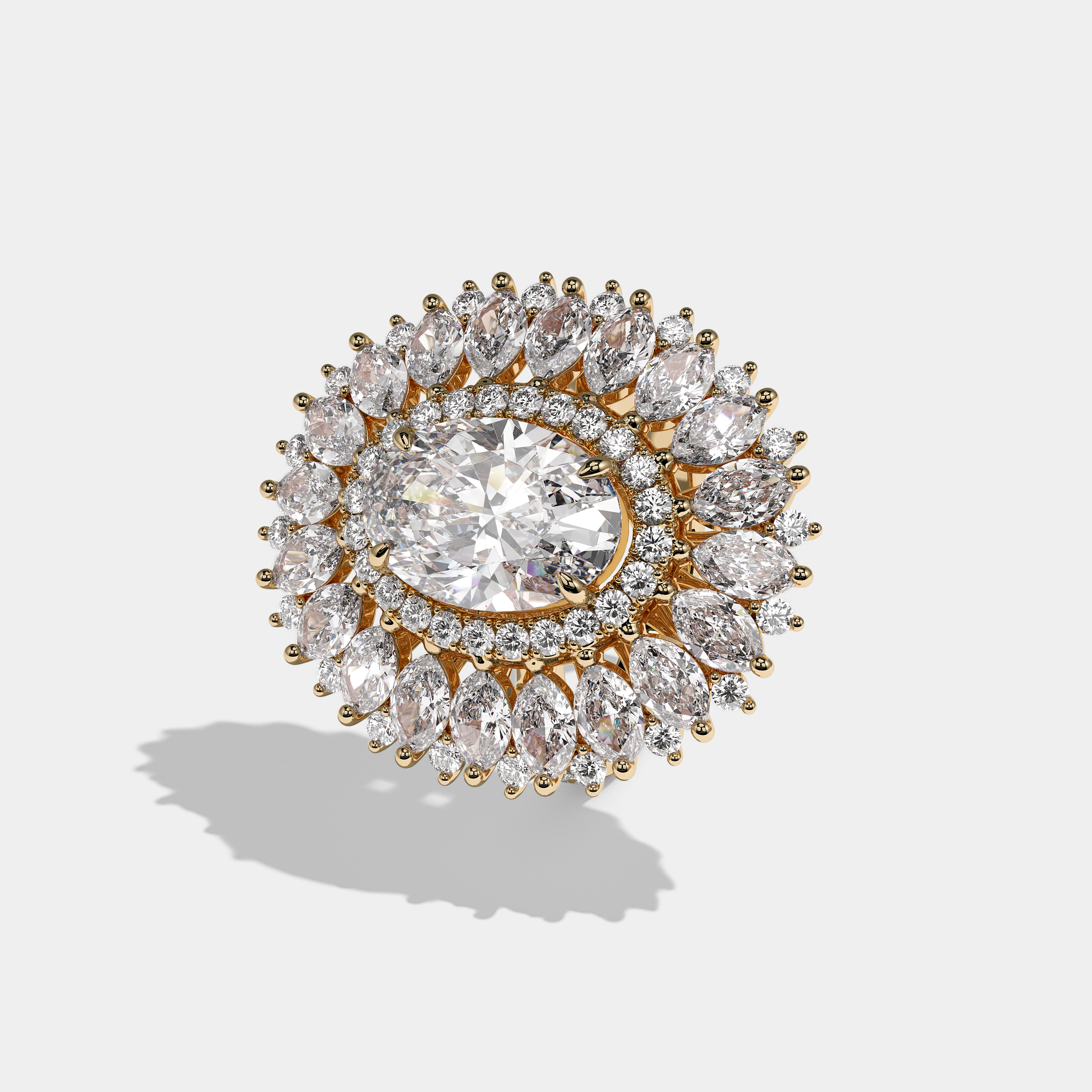 Florence Royale oval brilliant halo diamond engagement ring in 18K yellow gold by Kurbãni Durjini, left view