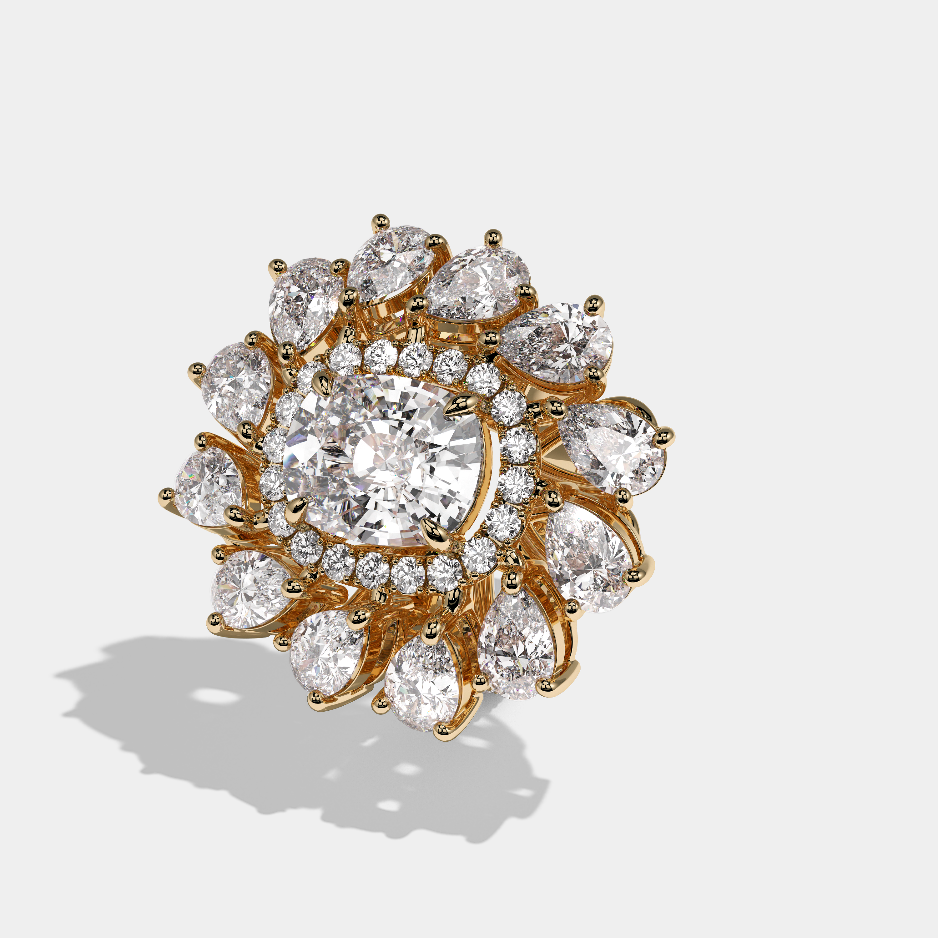 Beatrice Regent cushion halo diamond engagement ring in 18K yellow gold by Kurbãni Durjini, left view