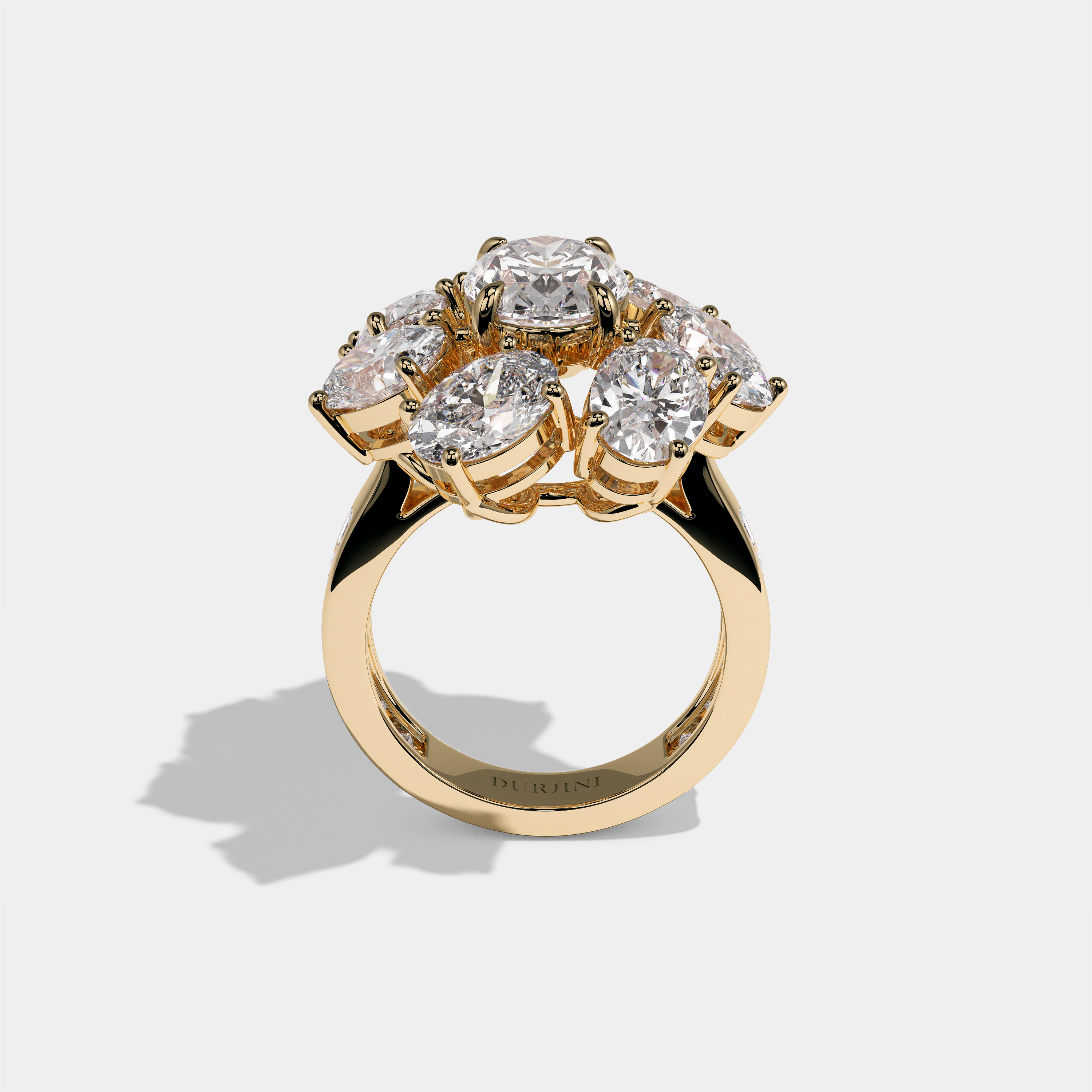 Edith Marquise oval halo diamond engagement ring in 18K yellow gold by Kurbãni Durjini, full view