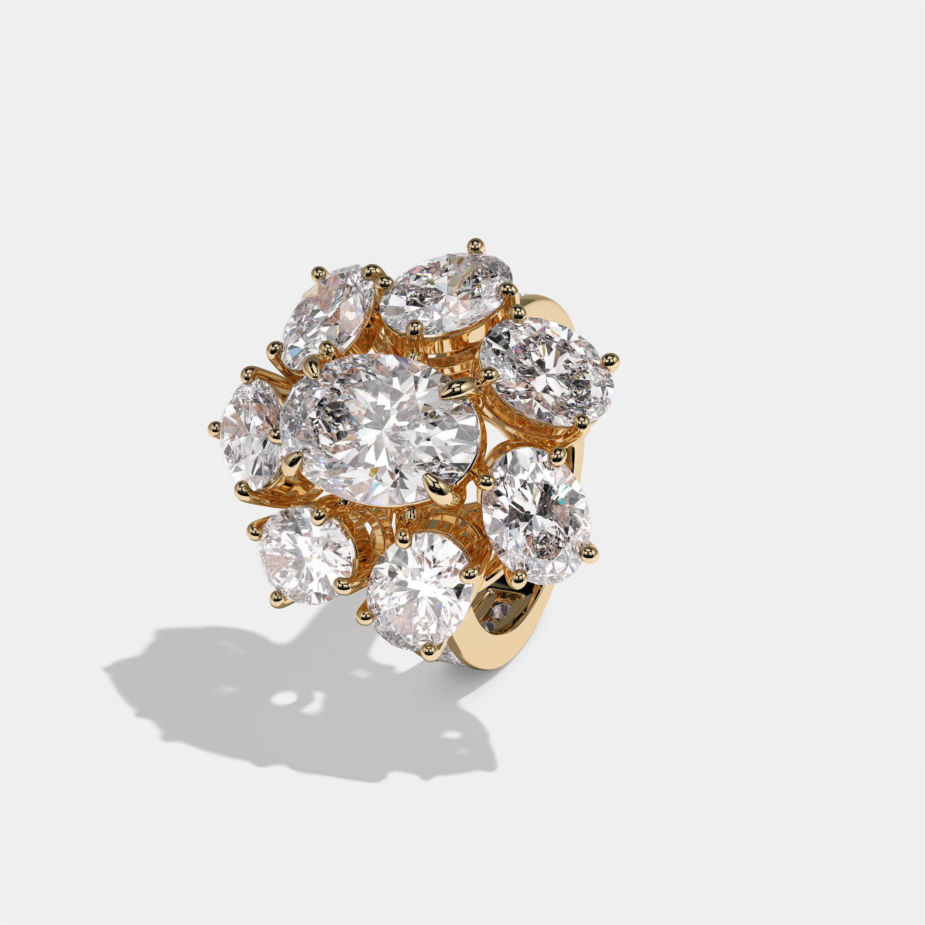 Edith Marquise oval halo diamond engagement ring in 18K yellow gold by Kurbãni Durjini, left view