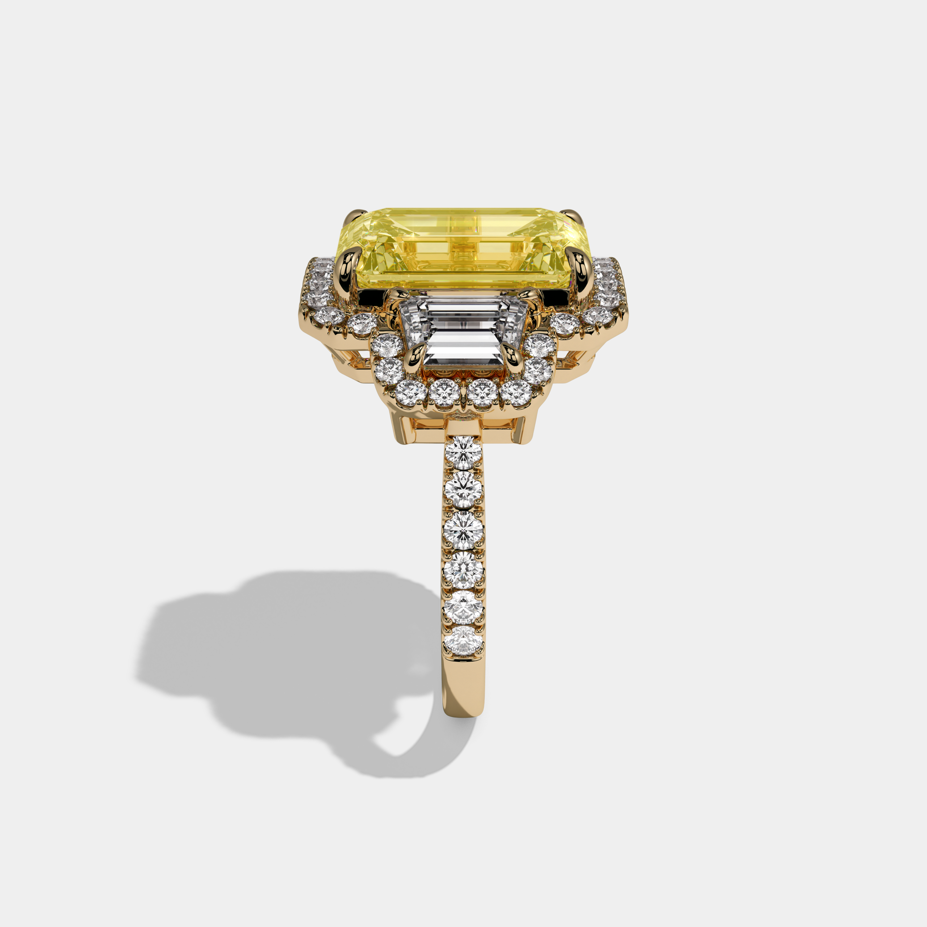 Eleanor Fancy Yellow Emerald Cut Diamond Band With Step Cut Sides Engagement Ring 10ct 18k Yellow Gold