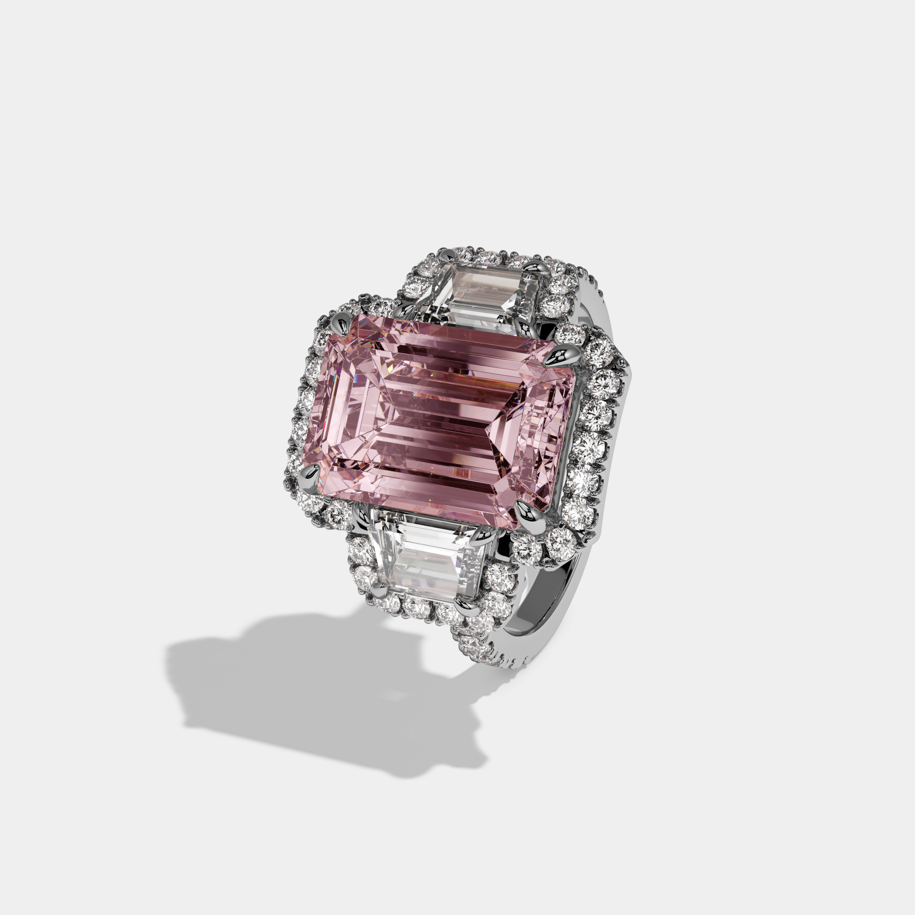 Alexandra Fancy Pink Emerald Cut Diamond Band With Halo Engagement Ring 8ct 18K White Gold