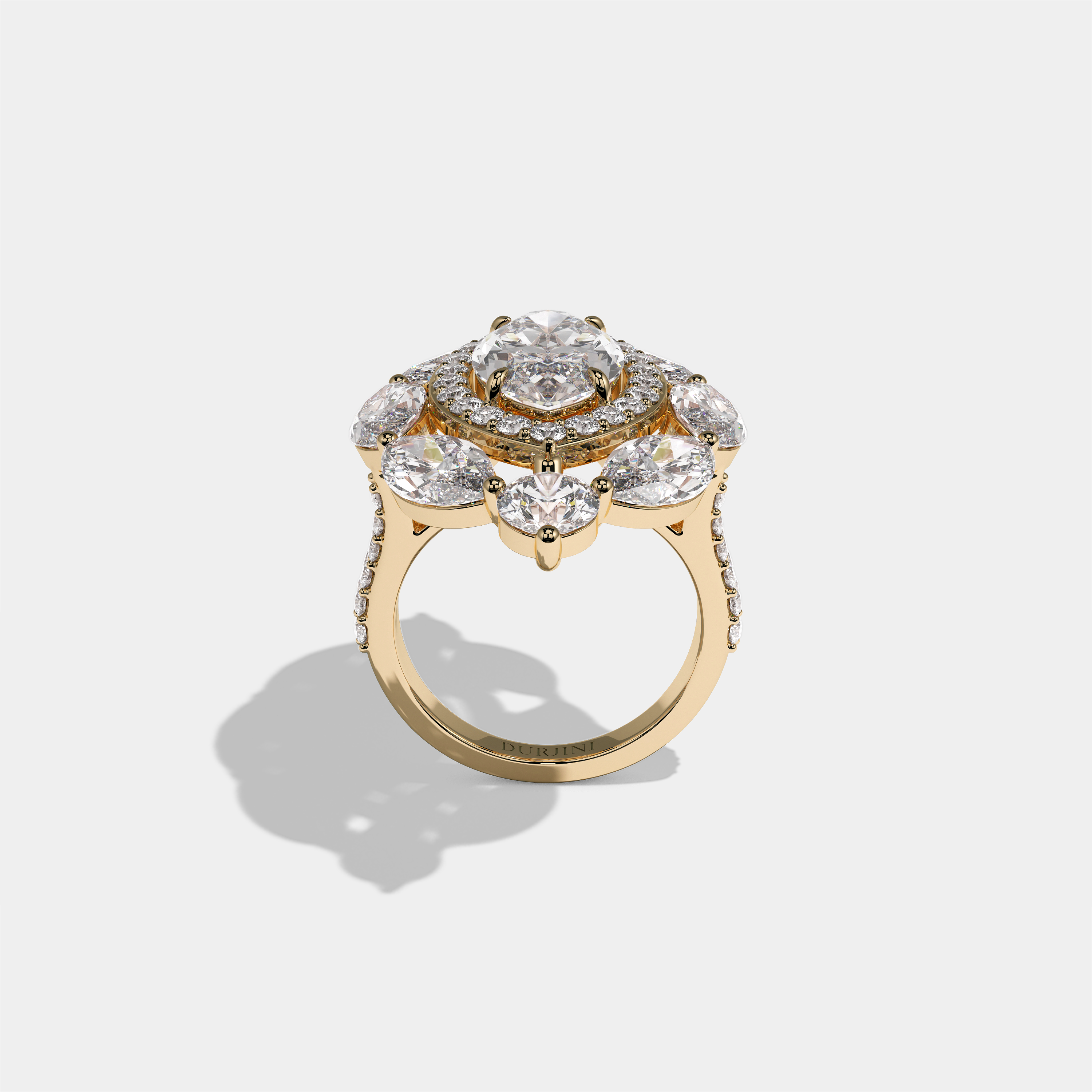 Louisa Sovereign marquise diamond engagement ring in 18K yellow gold by Kurbãni Durjini, full view