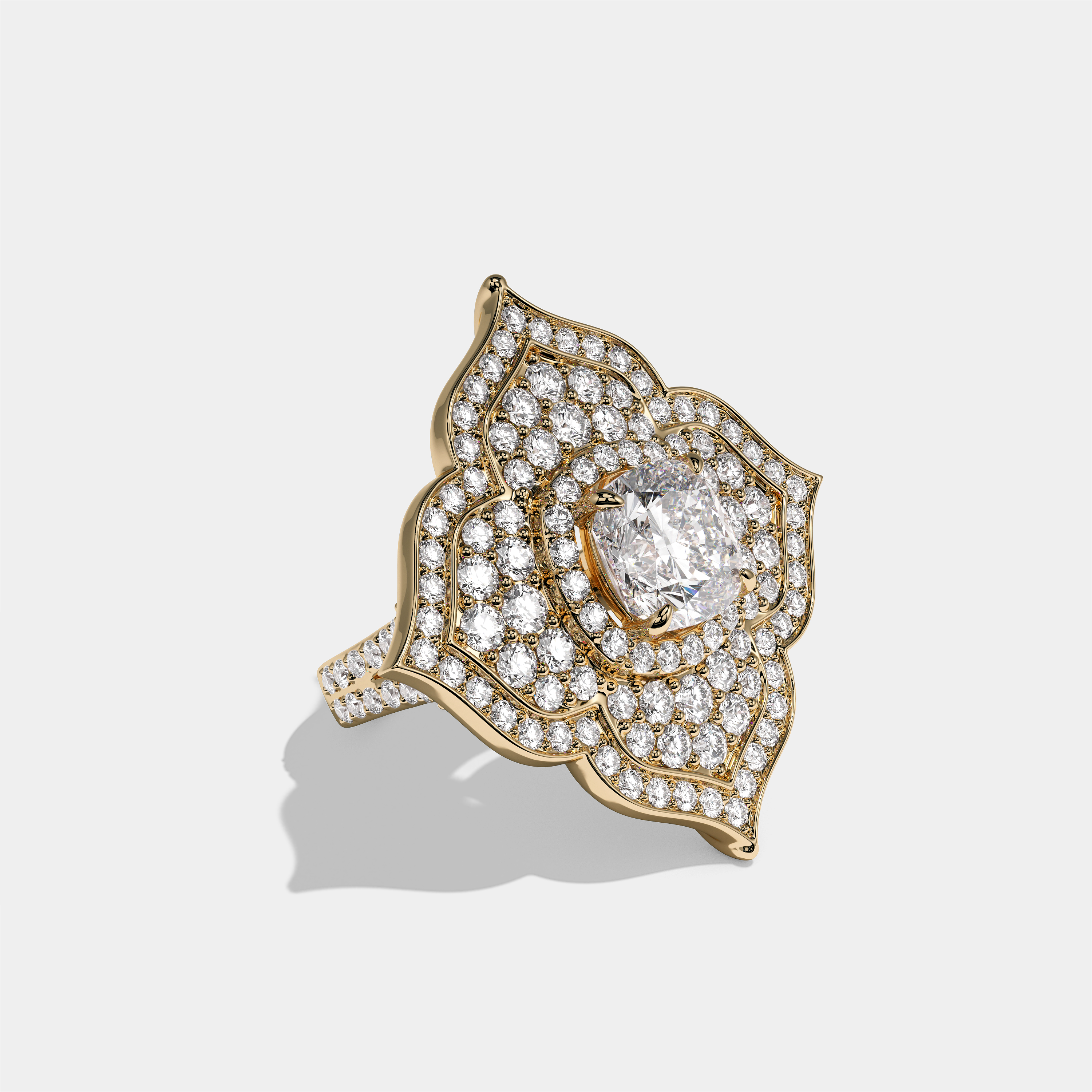 Clara Viscountess cushion diamond engagement ring in 18K yellow gold by Kurbãni Durjini, right view