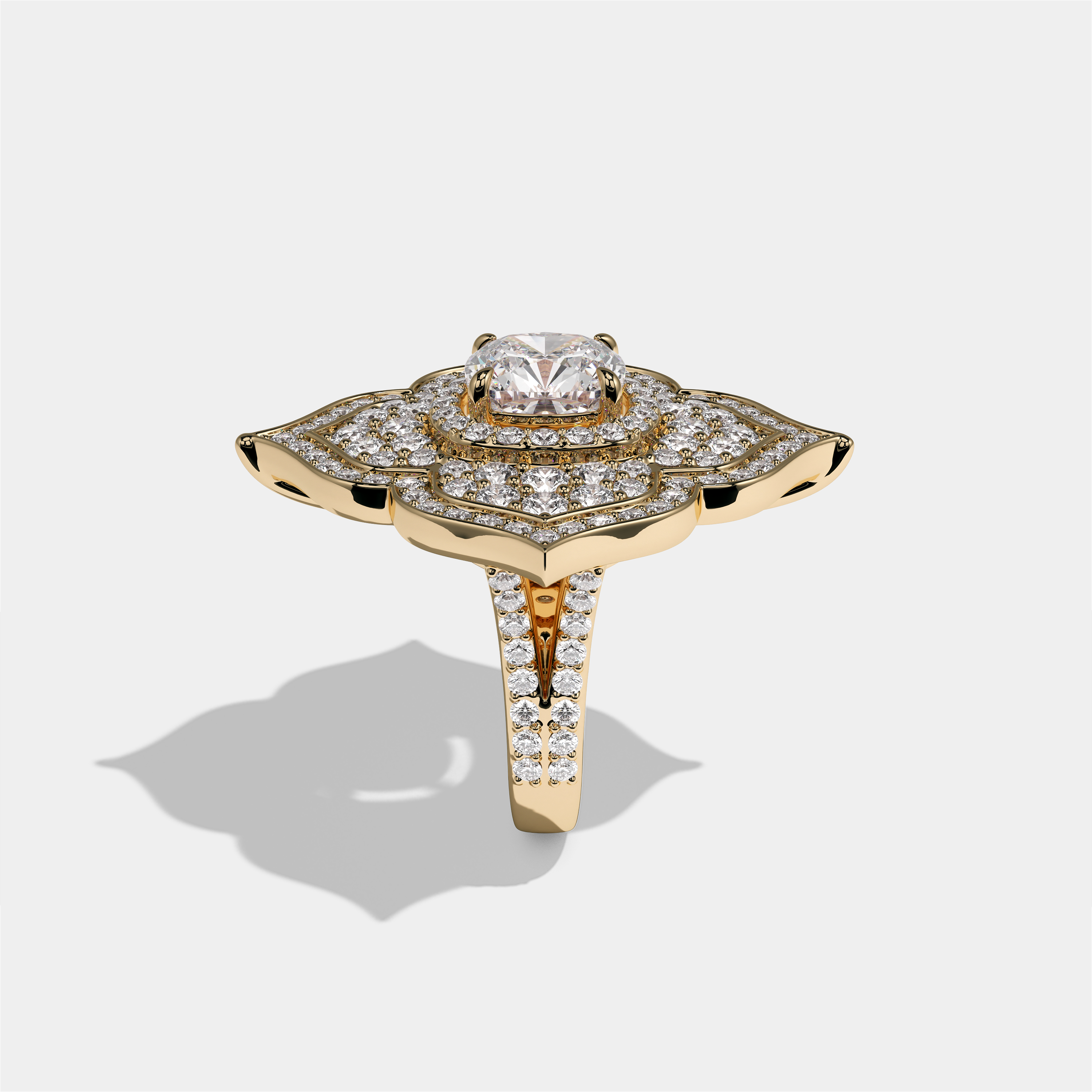 Clara Viscountess cushion diamond engagement ring in 18K yellow gold by Kurbãni Durjini, side view