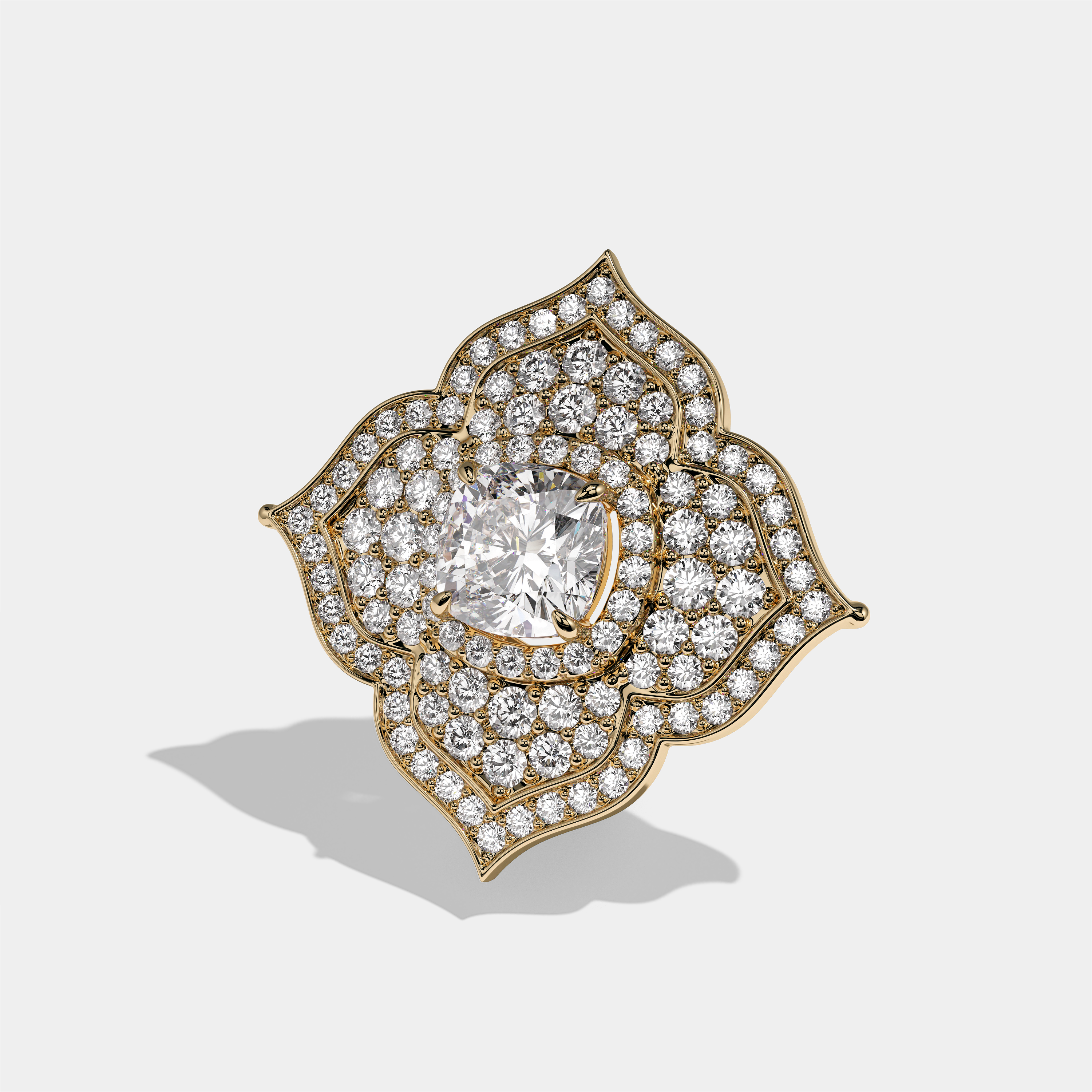 Clara Viscountess cushion diamond engagement ring in 18K yellow gold by Kurbãni Durjini, left view