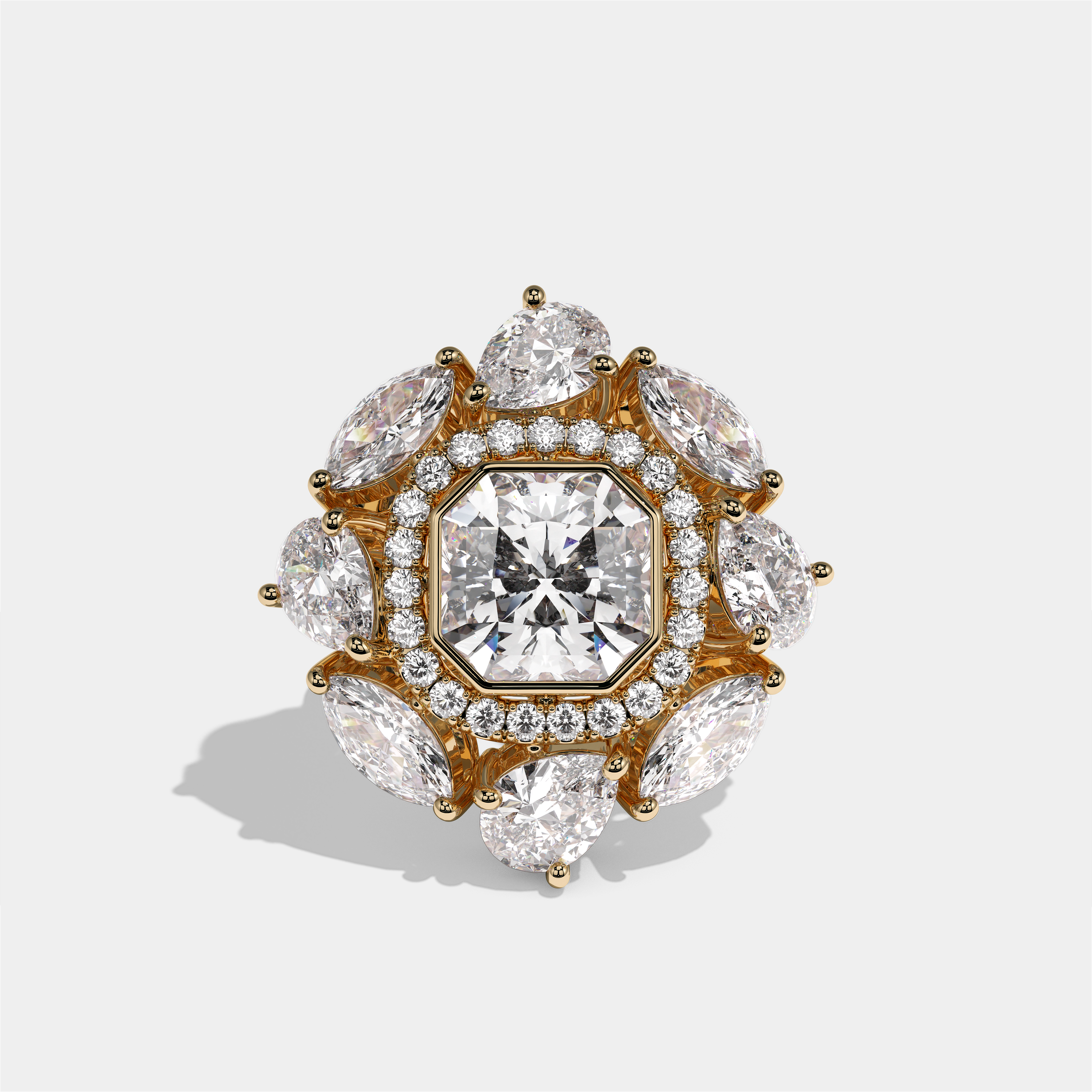 Harriet Marchioness custom cut diamond engagement ring in 18K yellow gold by Kurbãni Durjini, front view