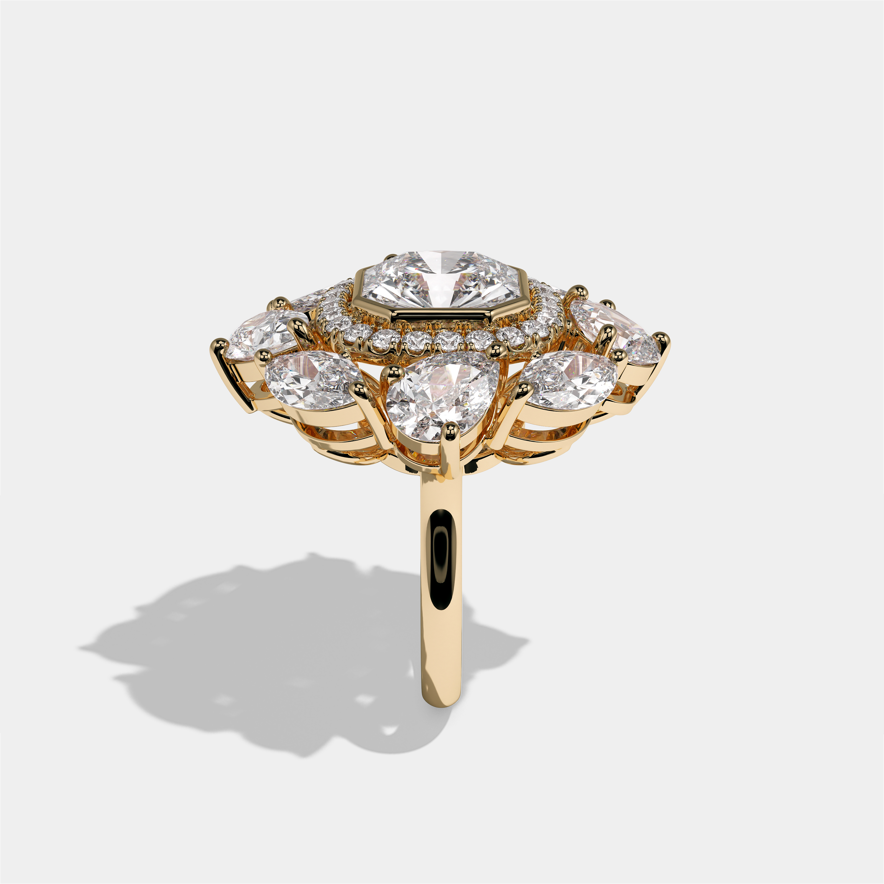 Harriet Marchioness custom cut diamond engagement ring in 18K yellow gold by Kurbãni Durjini, side view