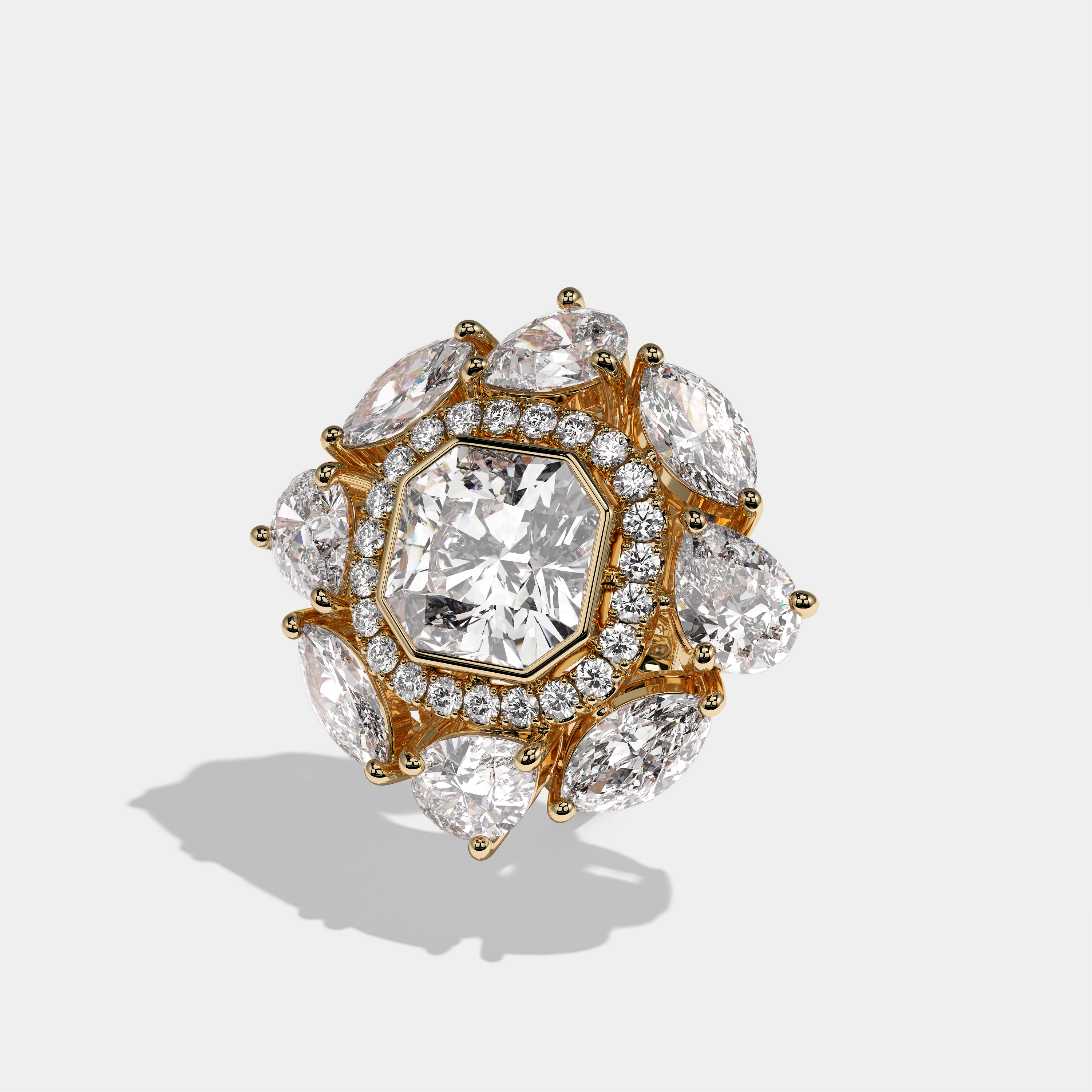 Harriet Marchioness custom cut diamond engagement ring in 18K yellow gold by Kurbãni Durjini, left view