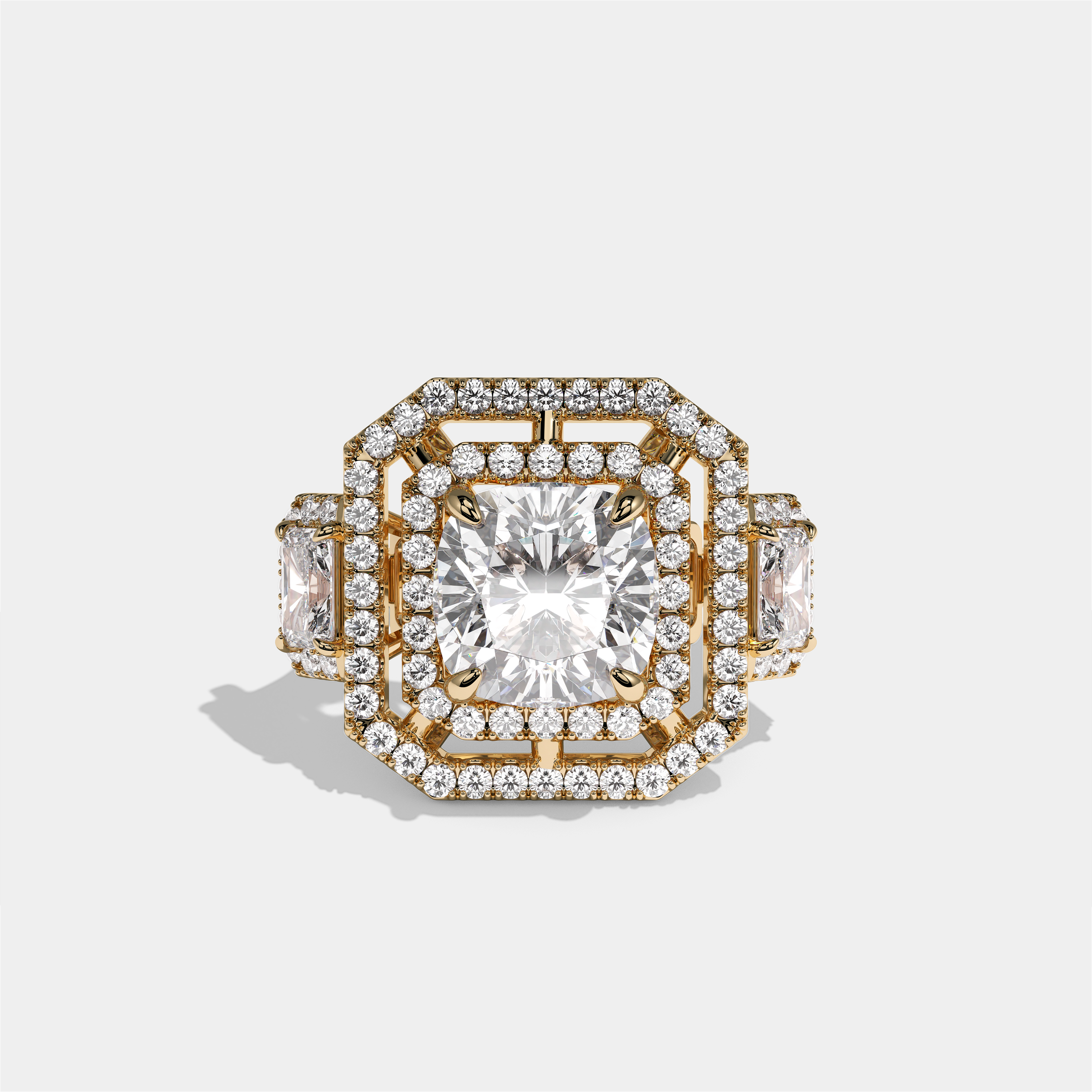 Winifred Marquise diamond cushion halo engagement ring in 18K yellow gold by Kurbãni Durjini, front view