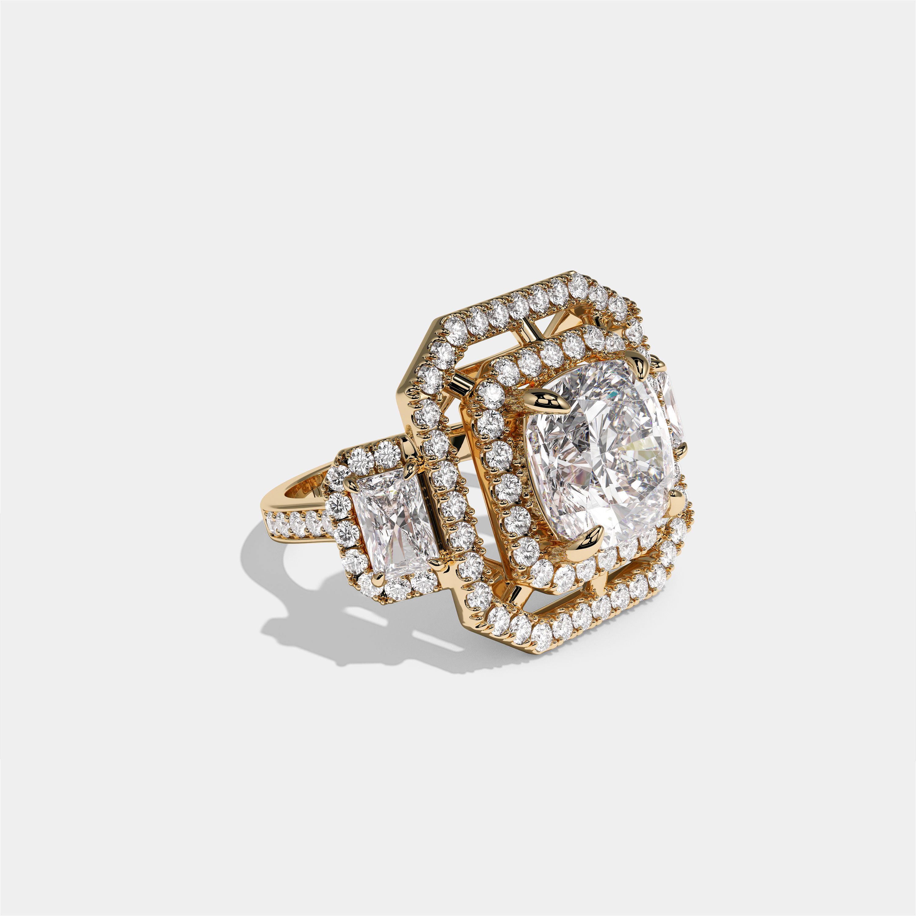 Winifred Marquise diamond cushion halo engagement ring in 18K yellow gold by Kurbãni Durjini, right view