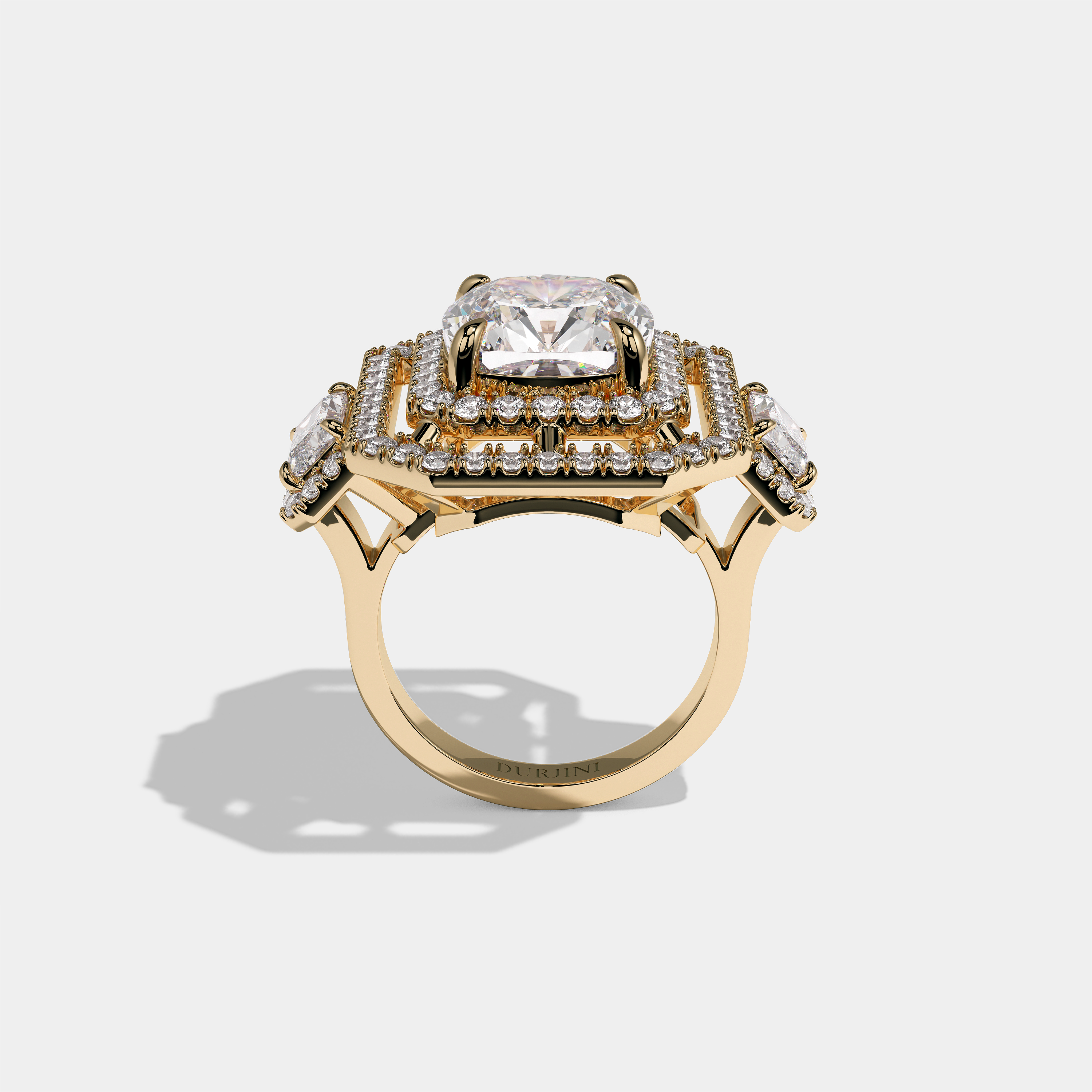 Winifred Marquise diamond cushion halo engagement ring in 18K yellow gold by Kurbãni Durjini, full view