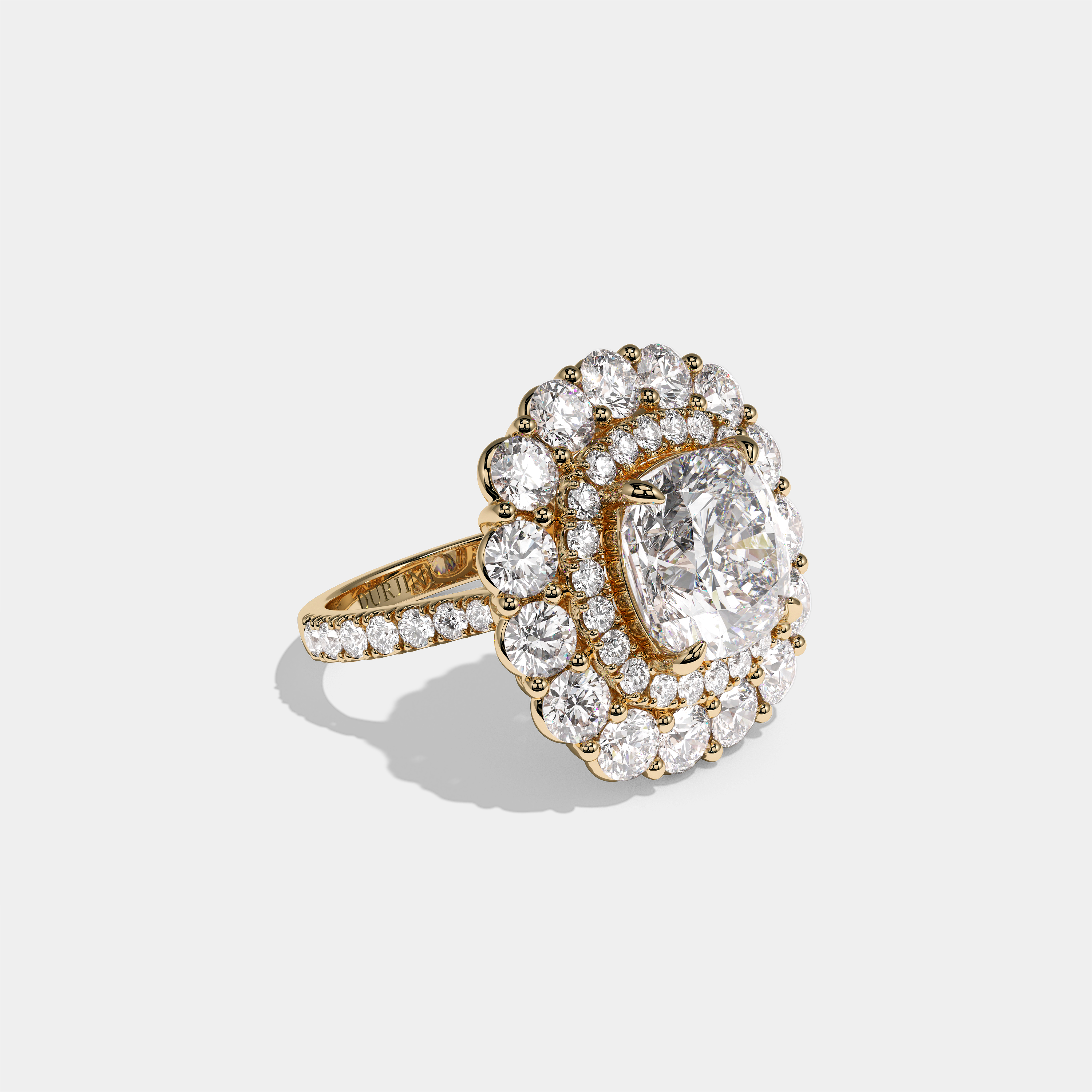 Pauline Marchioness diamond cushion halo engagement ring in 18K yellow gold by Kurbãni Durjini, right view