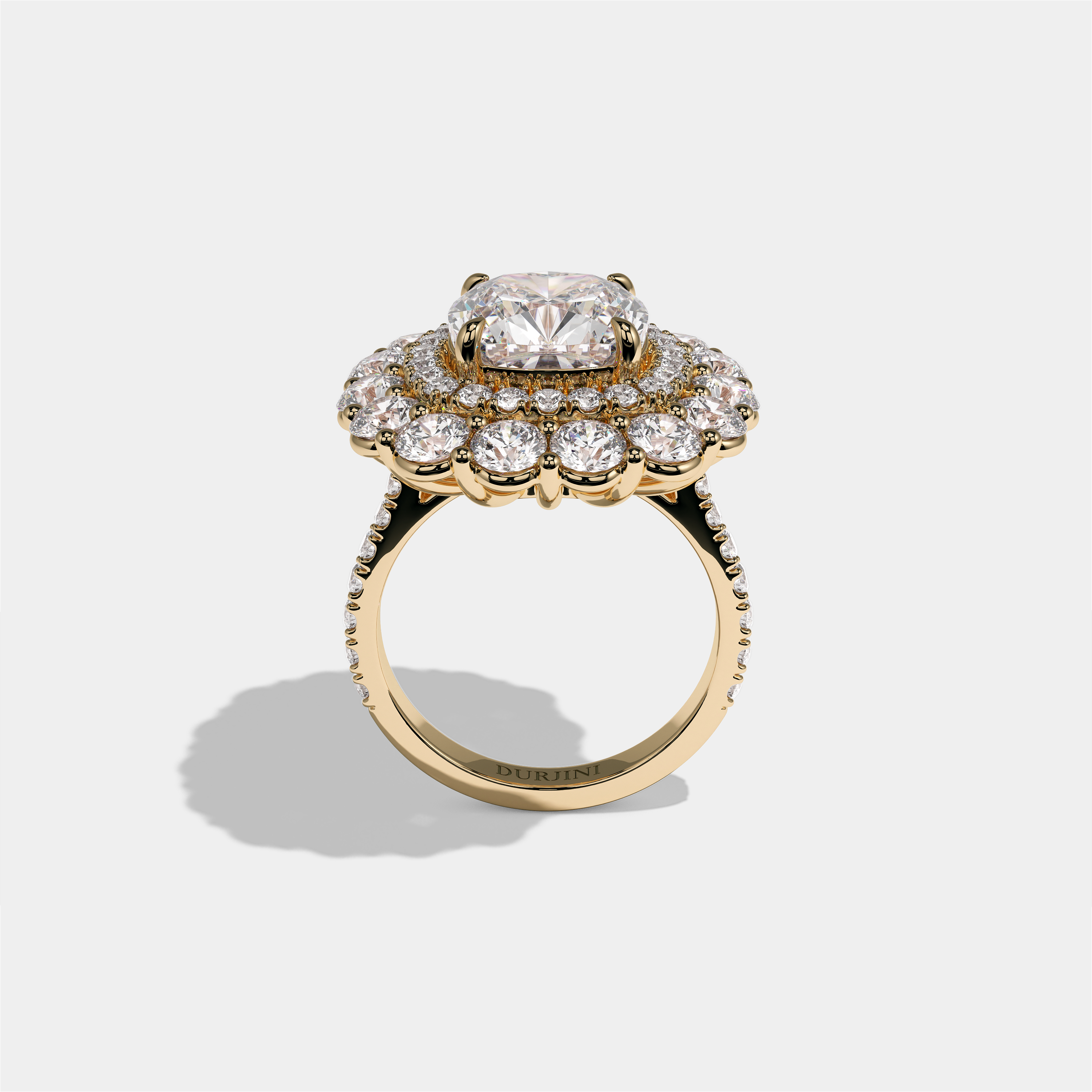 Pauline Marchioness diamond cushion halo engagement ring in 18K yellow gold by Kurbãni Durjini, full view