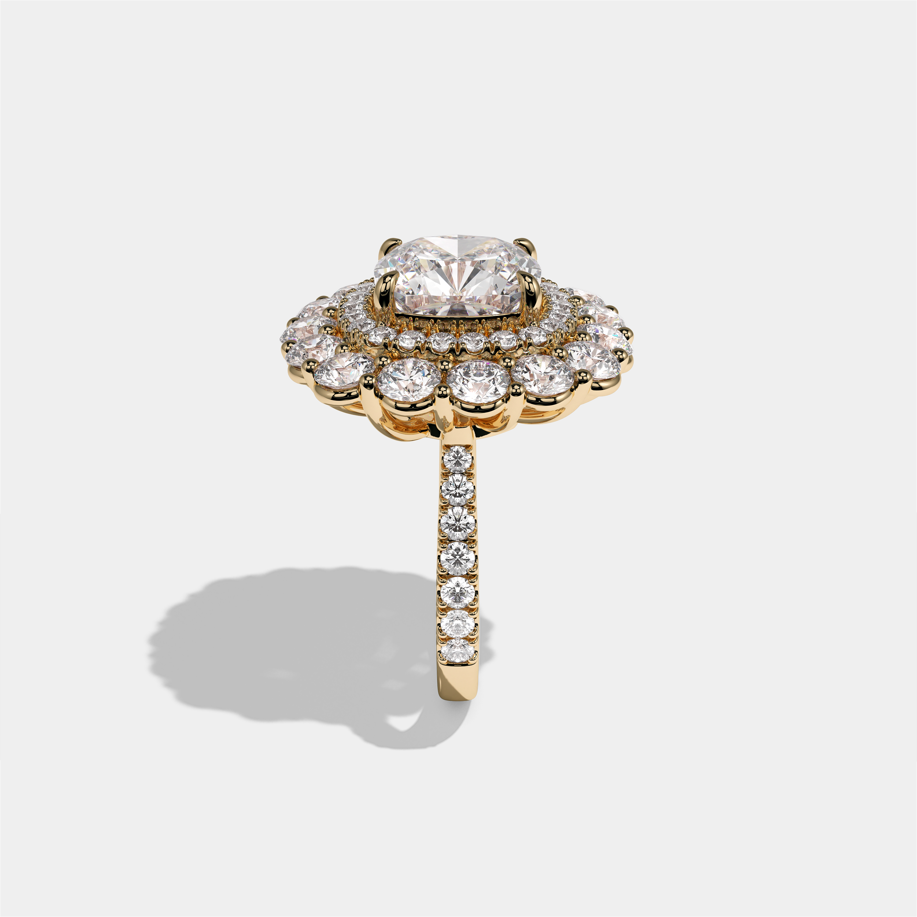 Pauline Marchioness diamond cushion halo engagement ring in 18K yellow gold by Kurbãni Durjini, side view