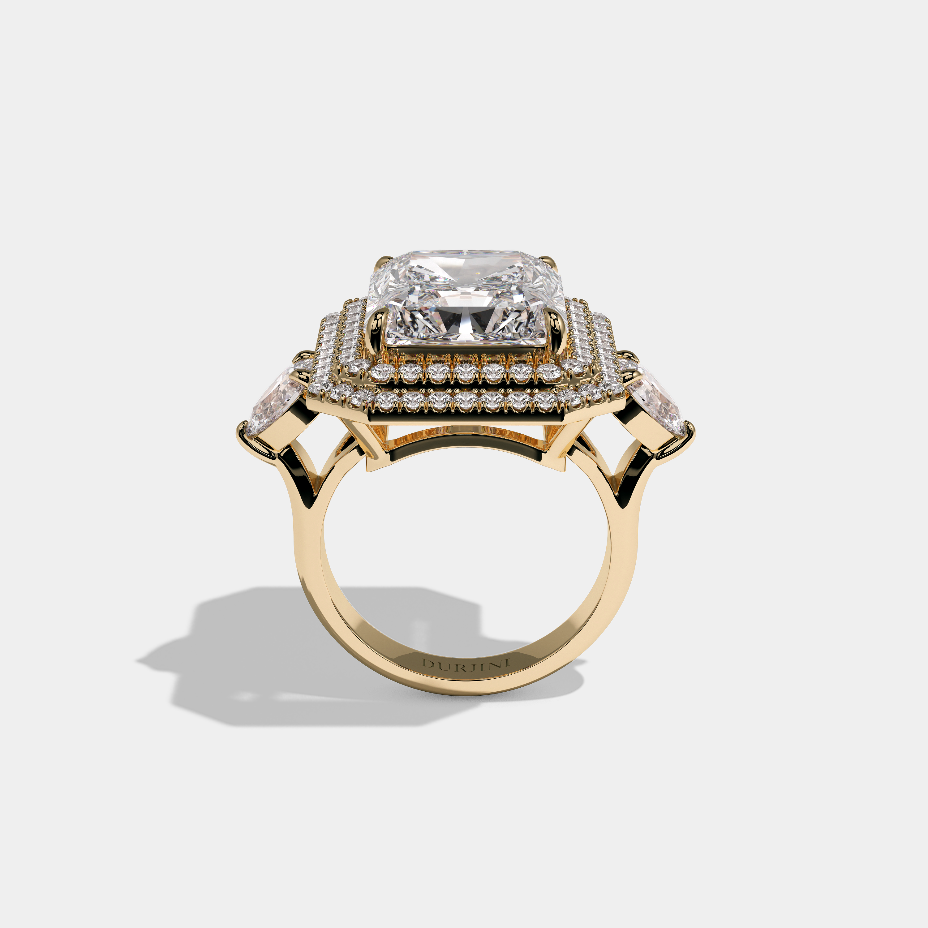 Helena Duchess Rosalind diamond radiant engagement ring in 18K yellow gold by Kurbãni Durjini, full view