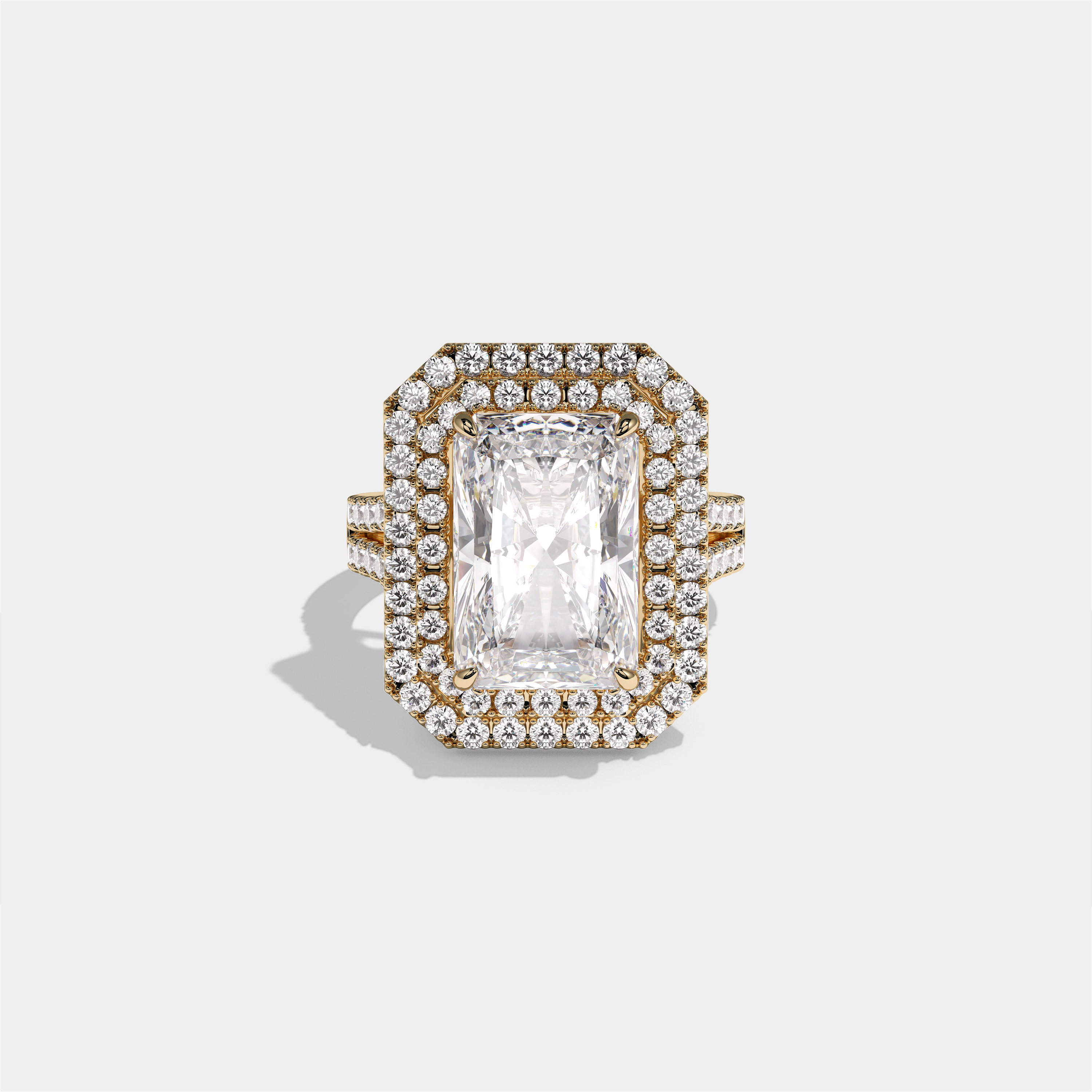Cecilia Lady Eleanor diamond radiant halo engagement ring in 18K yellow gold by Kurbãni Durjini, front view