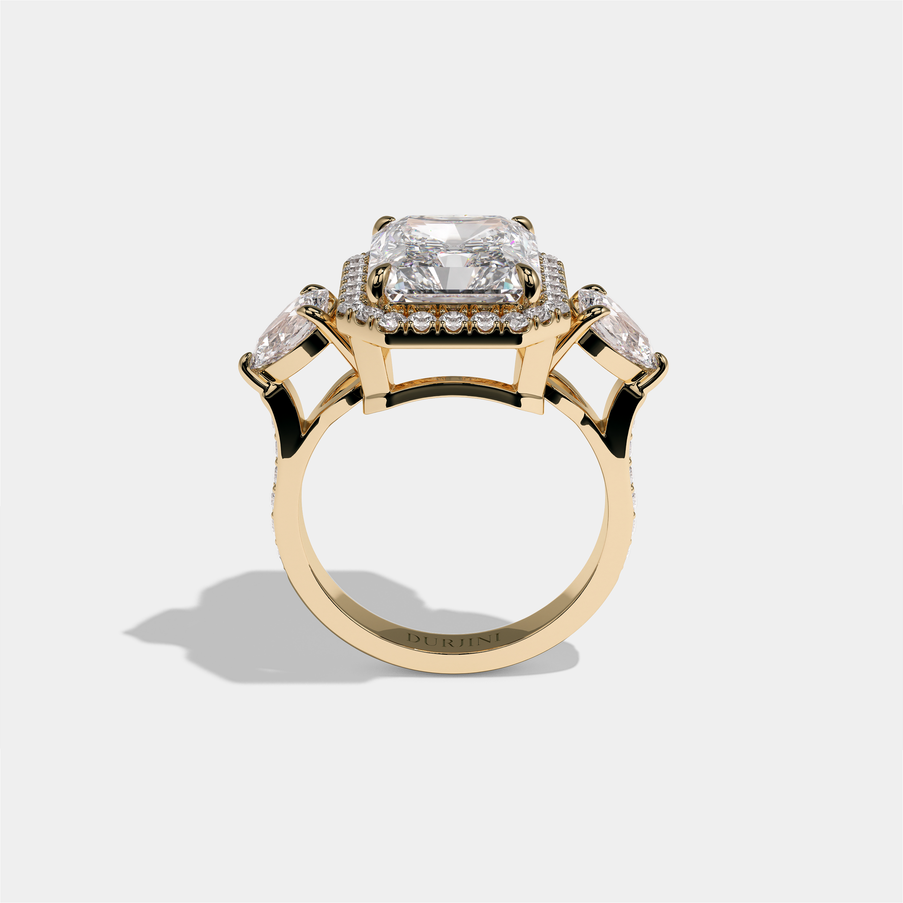 Marian Viscountess Letitia diamond radiant halo engagement ring in 18K yellow gold by Kurbãni Durjini, full view