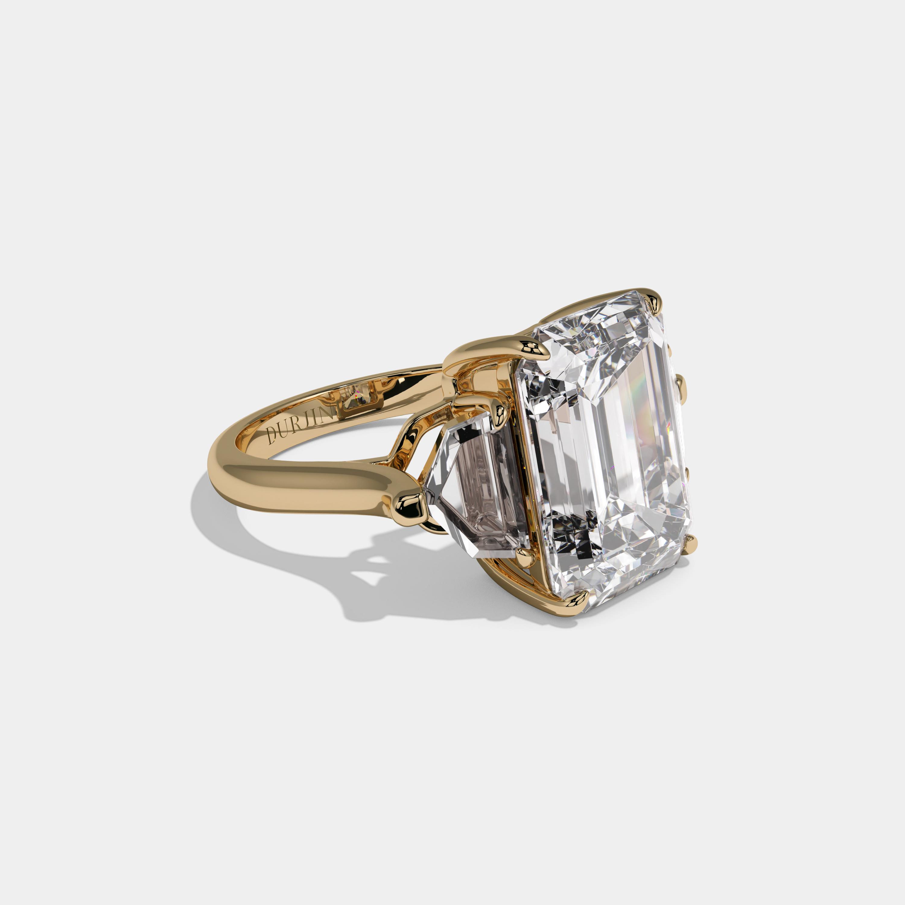 Alexandra Emerald Cut Diamond With Pentagonal Side Diamond Plain Band Engagement Ring 10ct 18K Yellow Gold