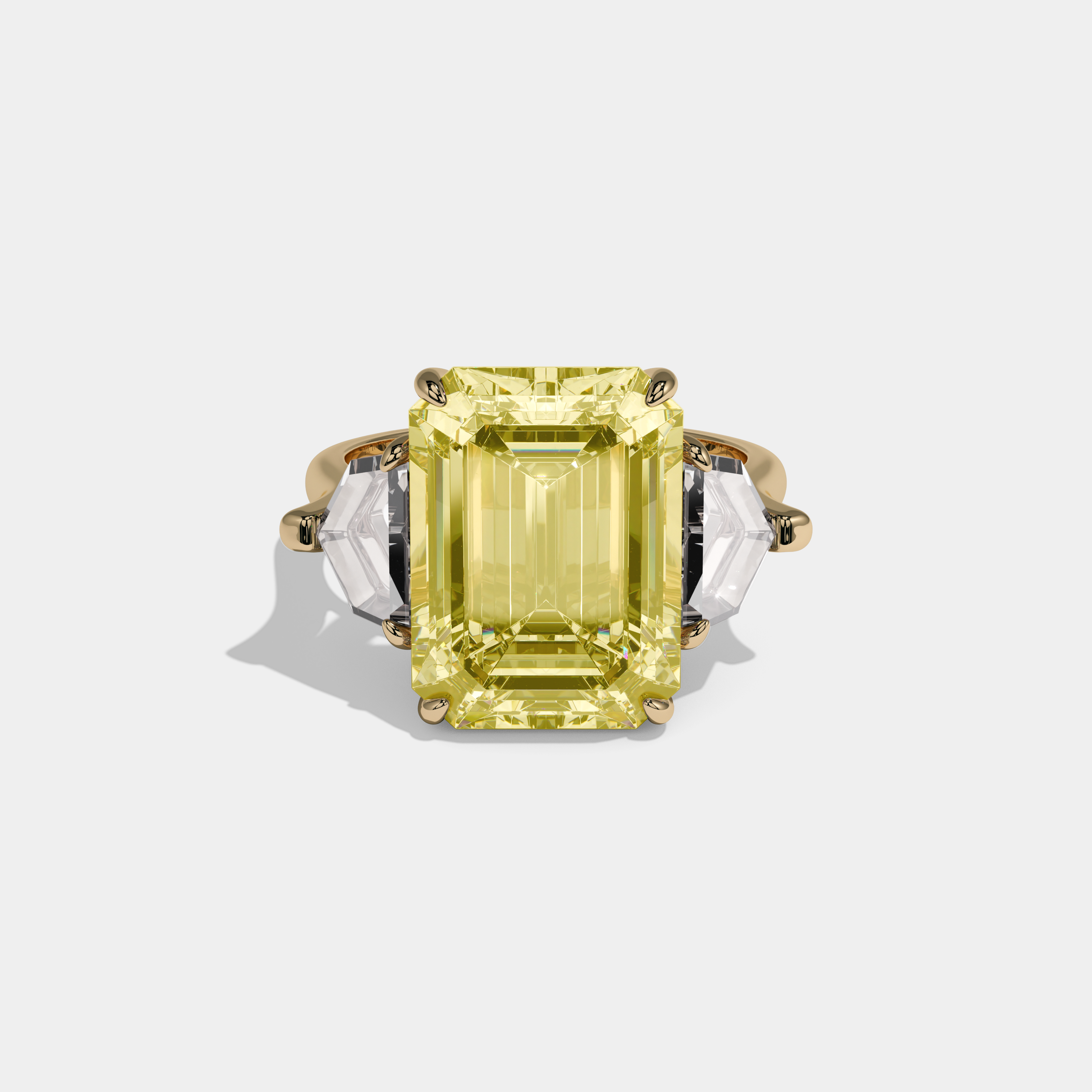 Margaret Fancy Yellow Emerald Cut Diamond With Pentagonal Side Diamond Plain Band Engagement Ring 10ct 18k Yellow Gold