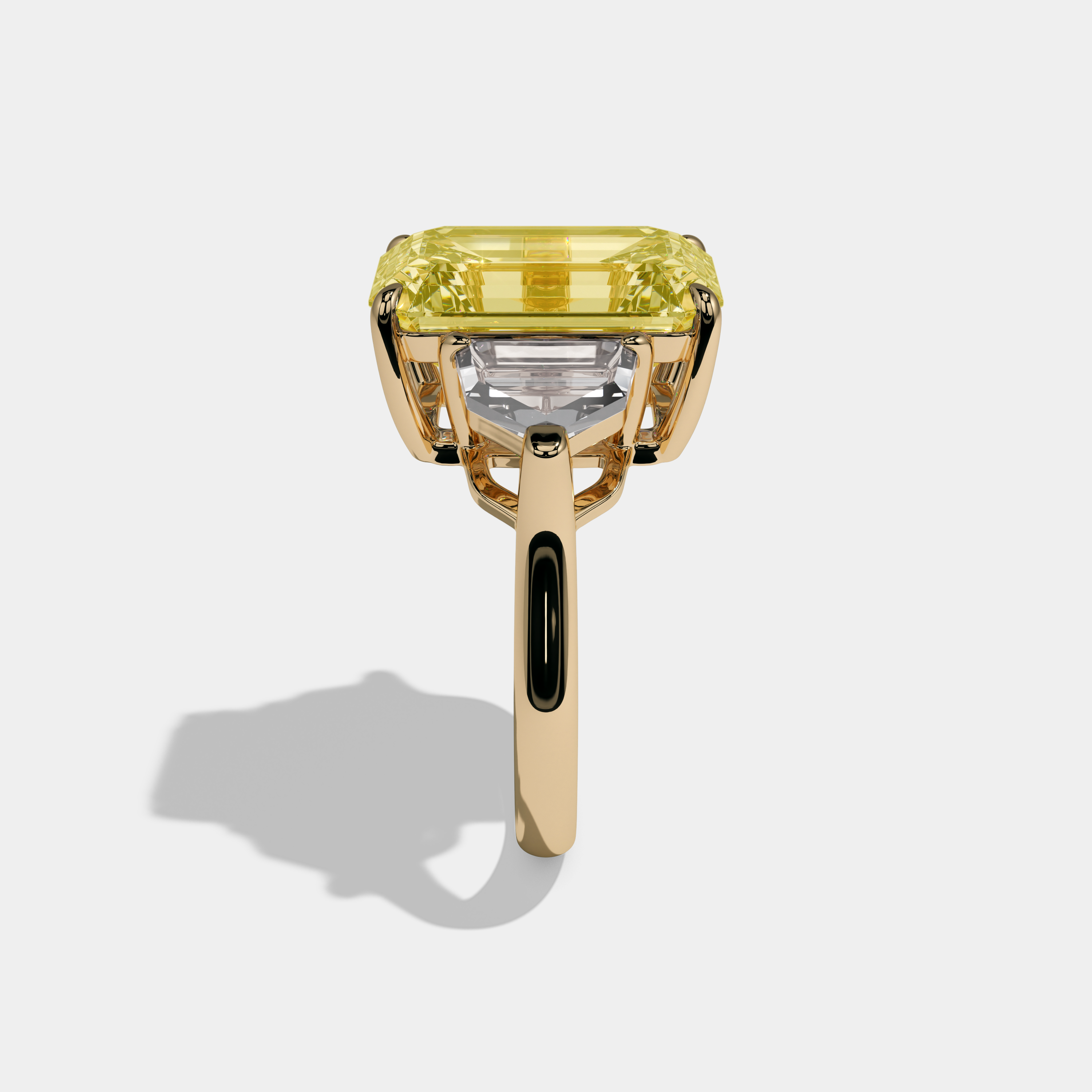 Margaret Fancy Yellow Emerald Cut Diamond With Pentagonal Side Diamond Plain Band Engagement Ring 10ct 18k Yellow Gold