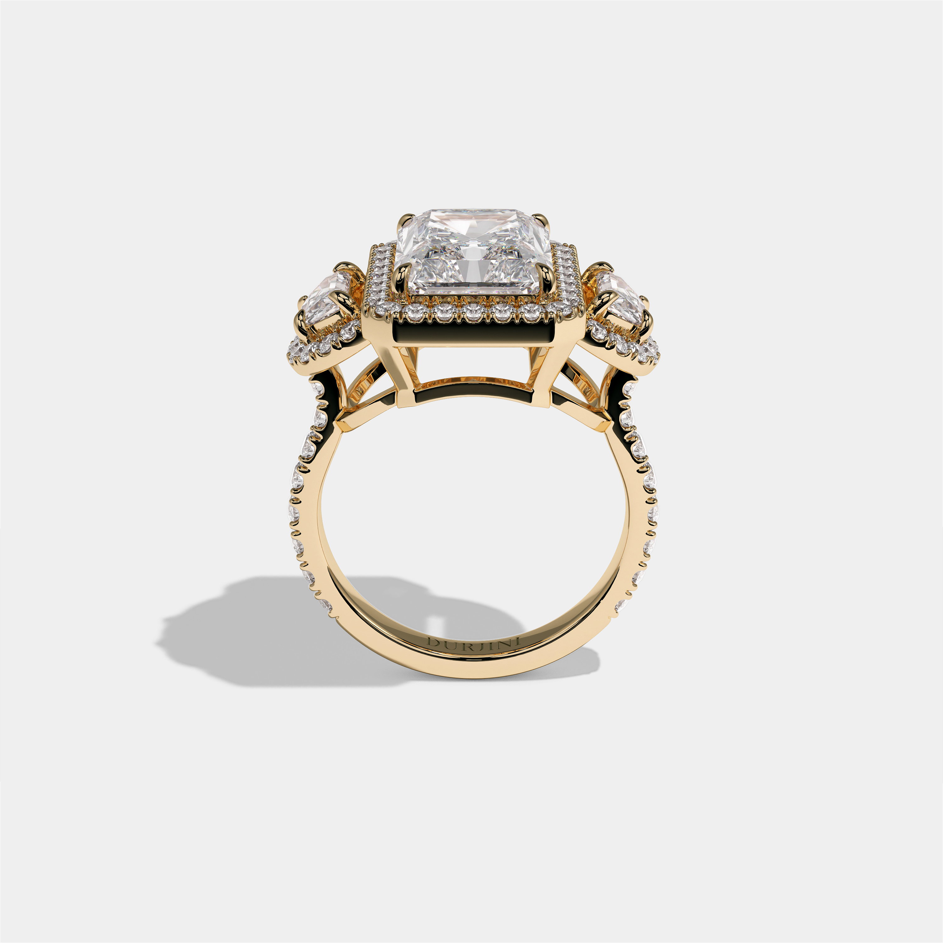 Aveline Lady Godiva diamond radiant halo engagement ring in 18K yellow gold by Kurbãni Durjini, full view