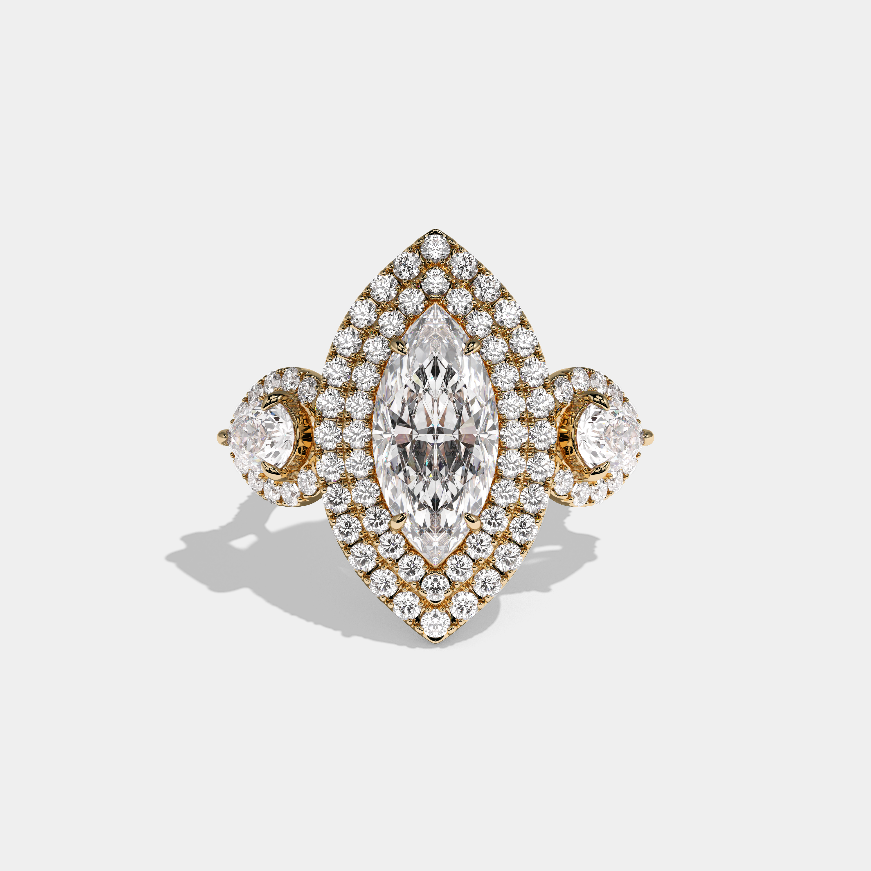 Drusilla Lady Wexford diamond marquise halo engagement ring in 18K yellow gold by Kurbãni Durjini, front view