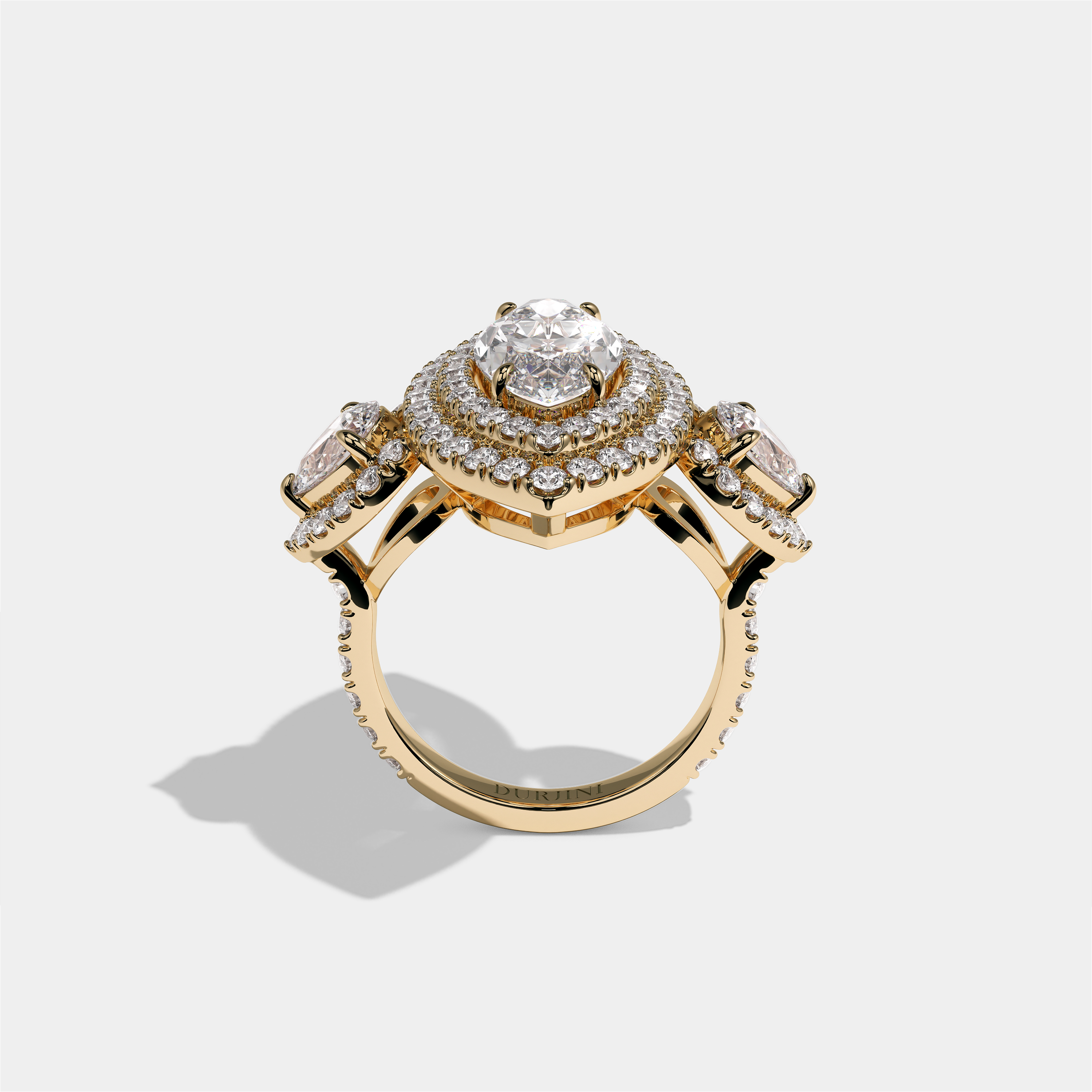 Drusilla Lady Wexford diamond marquise halo engagement ring in 18K yellow gold by Kurbãni Durjini, full view