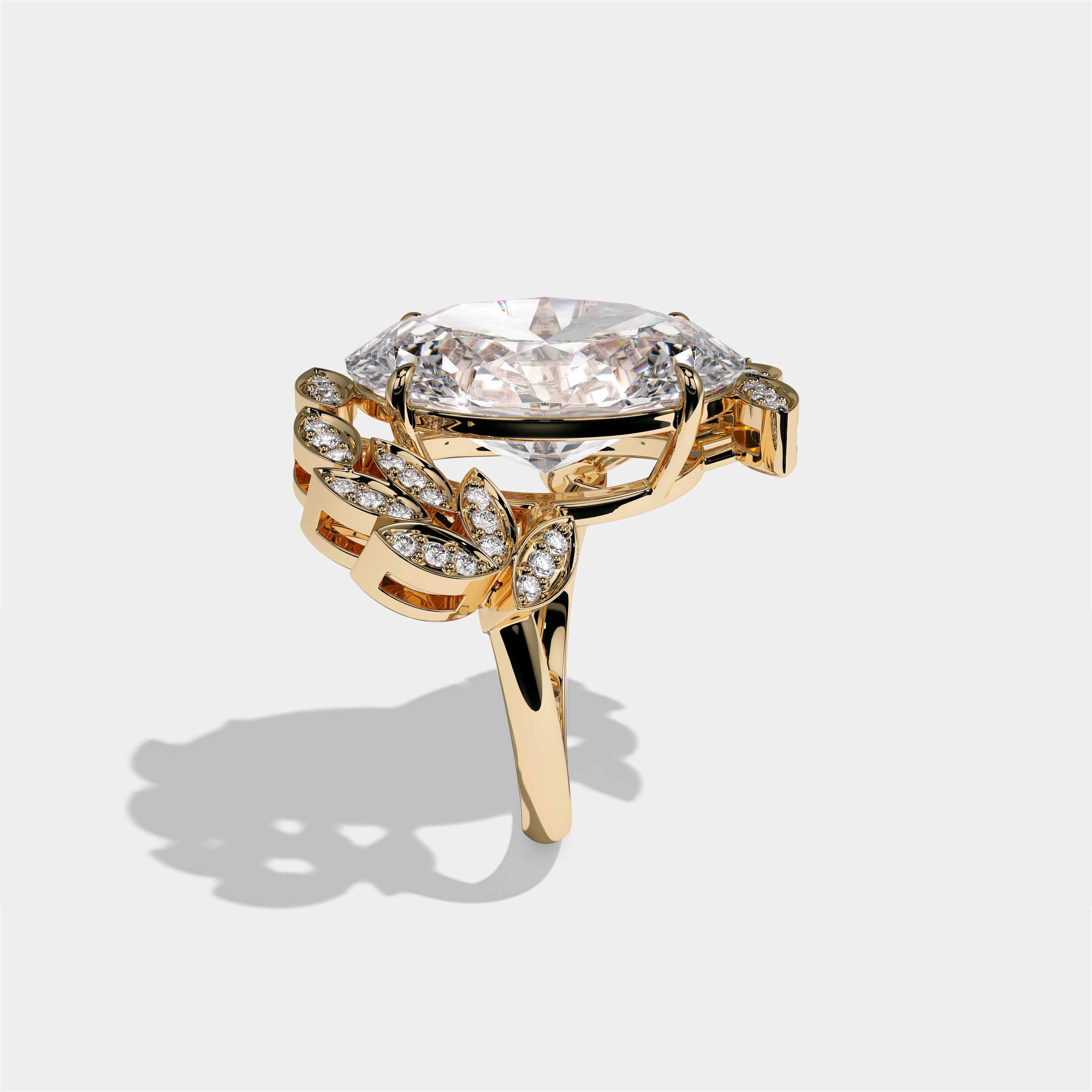 Althaea Lady Morwen diamond oval halo engagement ring in 18K yellow gold by Kurbãni Durjini, side view