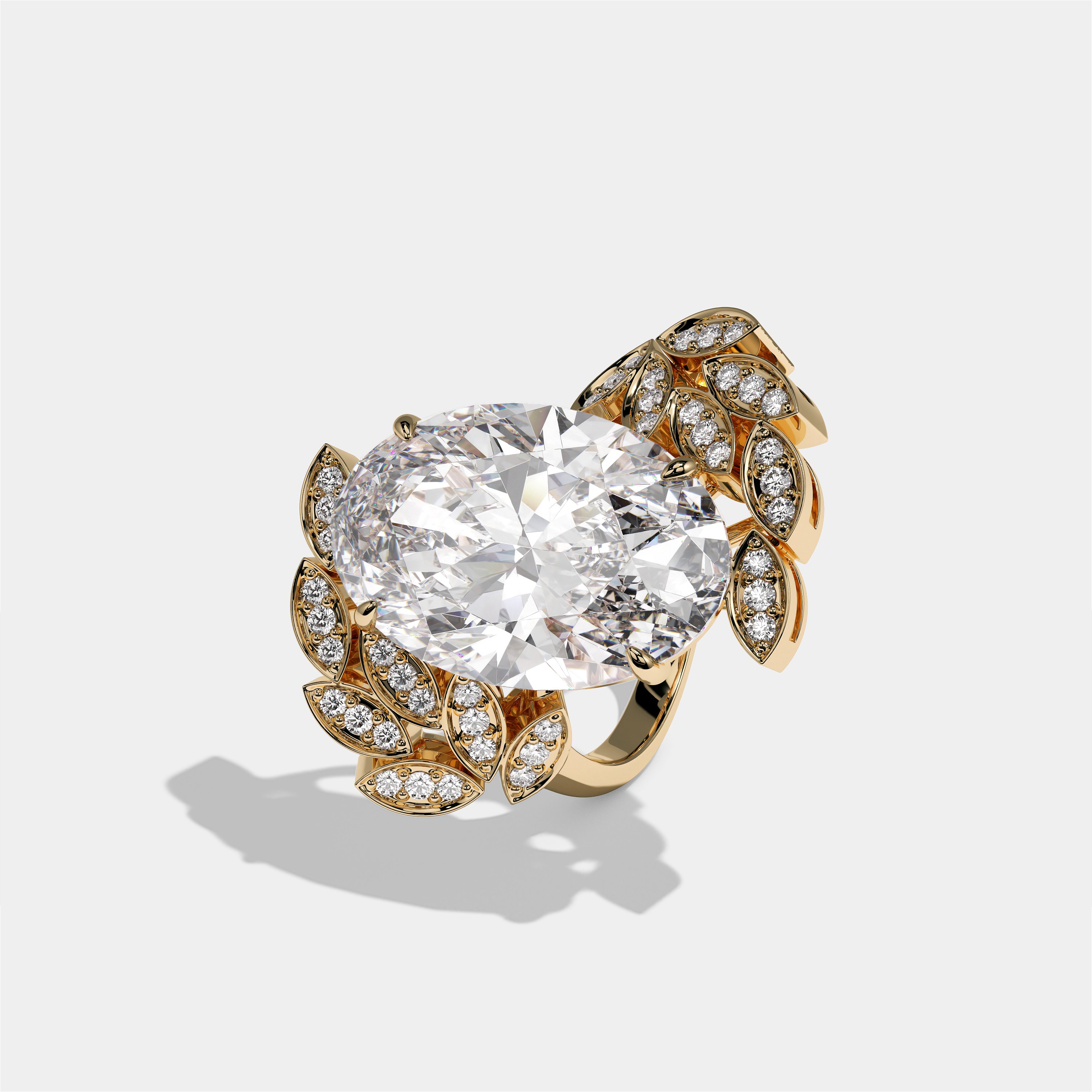 Althaea Lady Morwen diamond oval halo engagement ring in 18K yellow gold by Kurbãni Durjini, left view