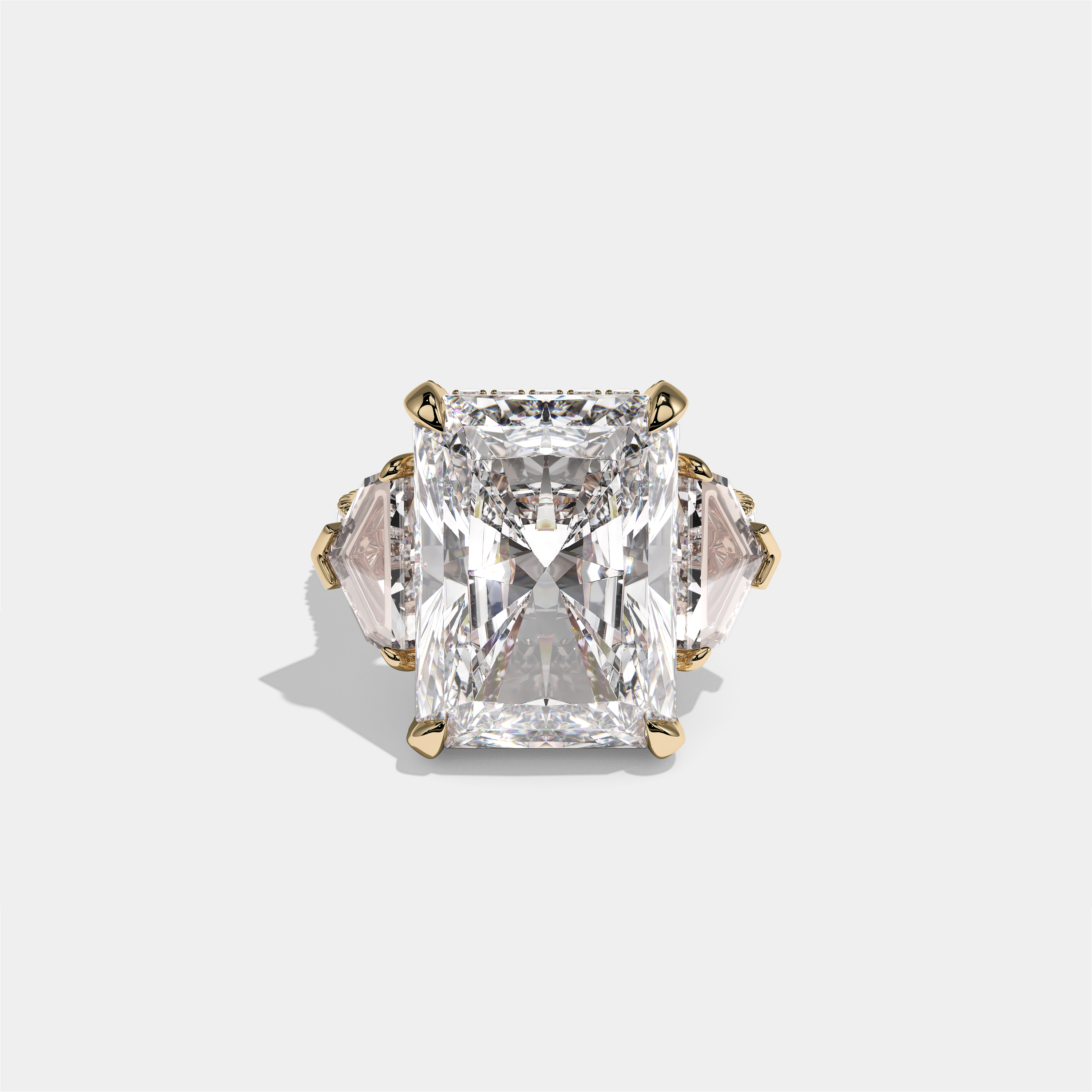 Dinah Lady Fairbourne diamond radiant halo engagement ring in 18K yellow gold by Kurbãni Durjini, front view