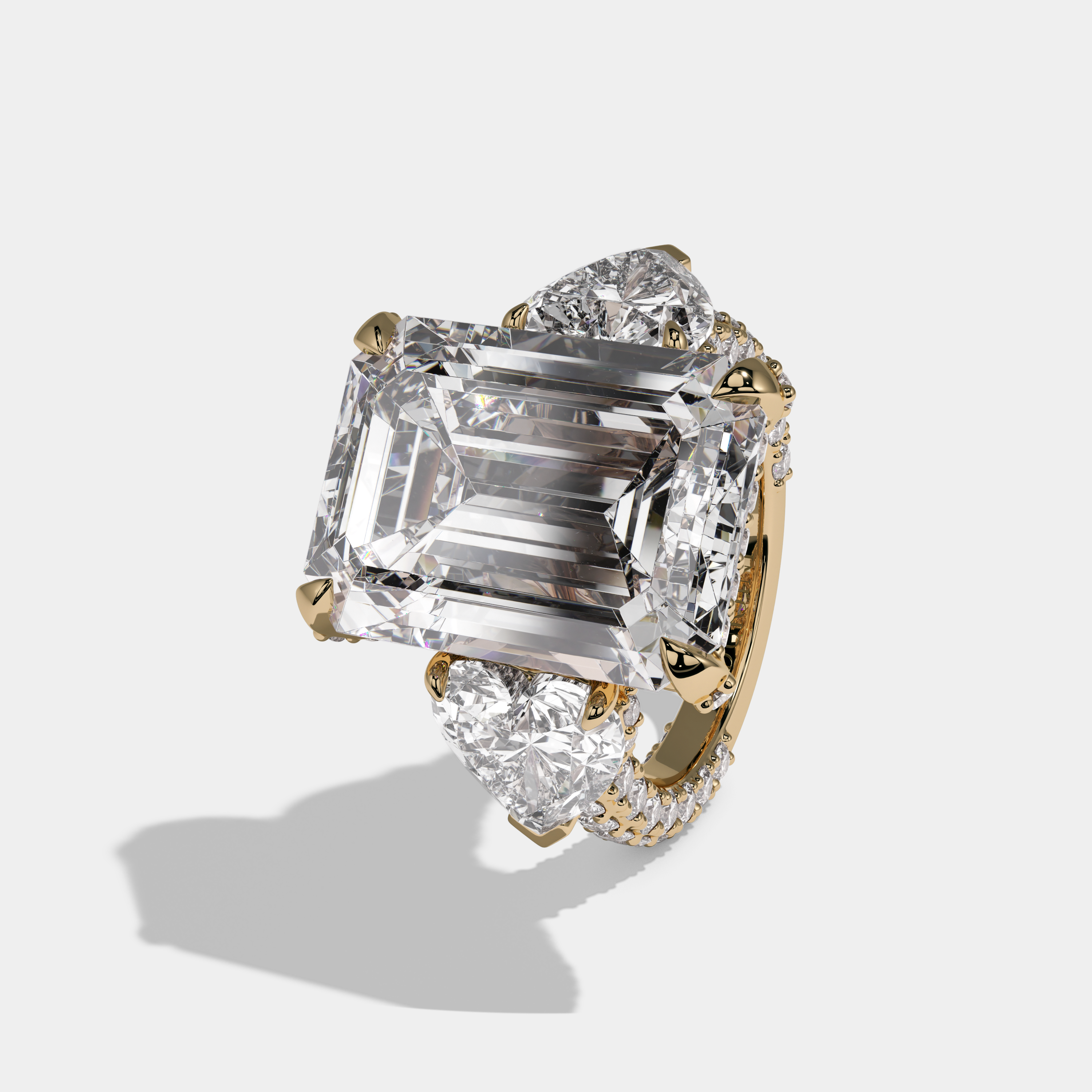 Matilda Emerald Cut Diamond Halo Engagement Ring With Twin Heart Sides 10ct 18K Yellow Gold