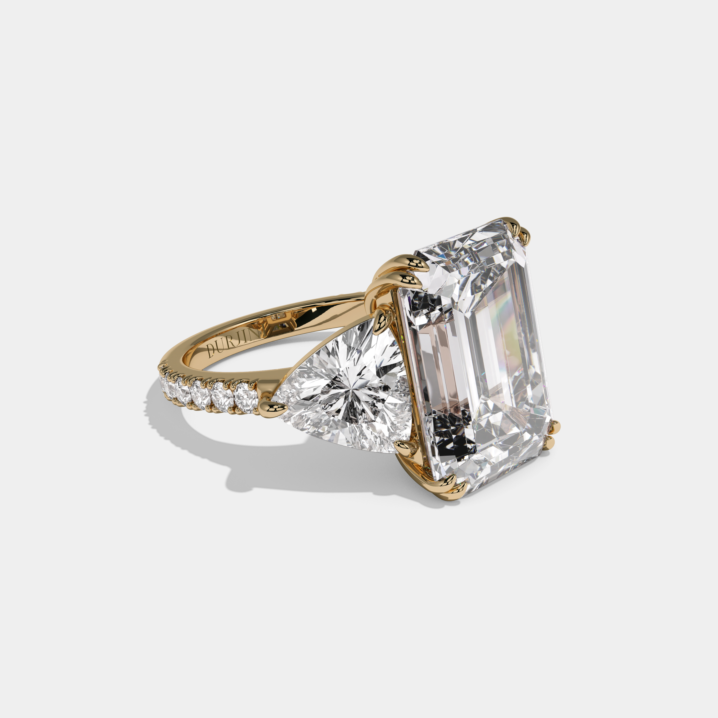 Adelaide Emerald Cut Diamond Halo Engagement Ring With Twin Trillion Cut Sides 10ct 18K Yellow Gold