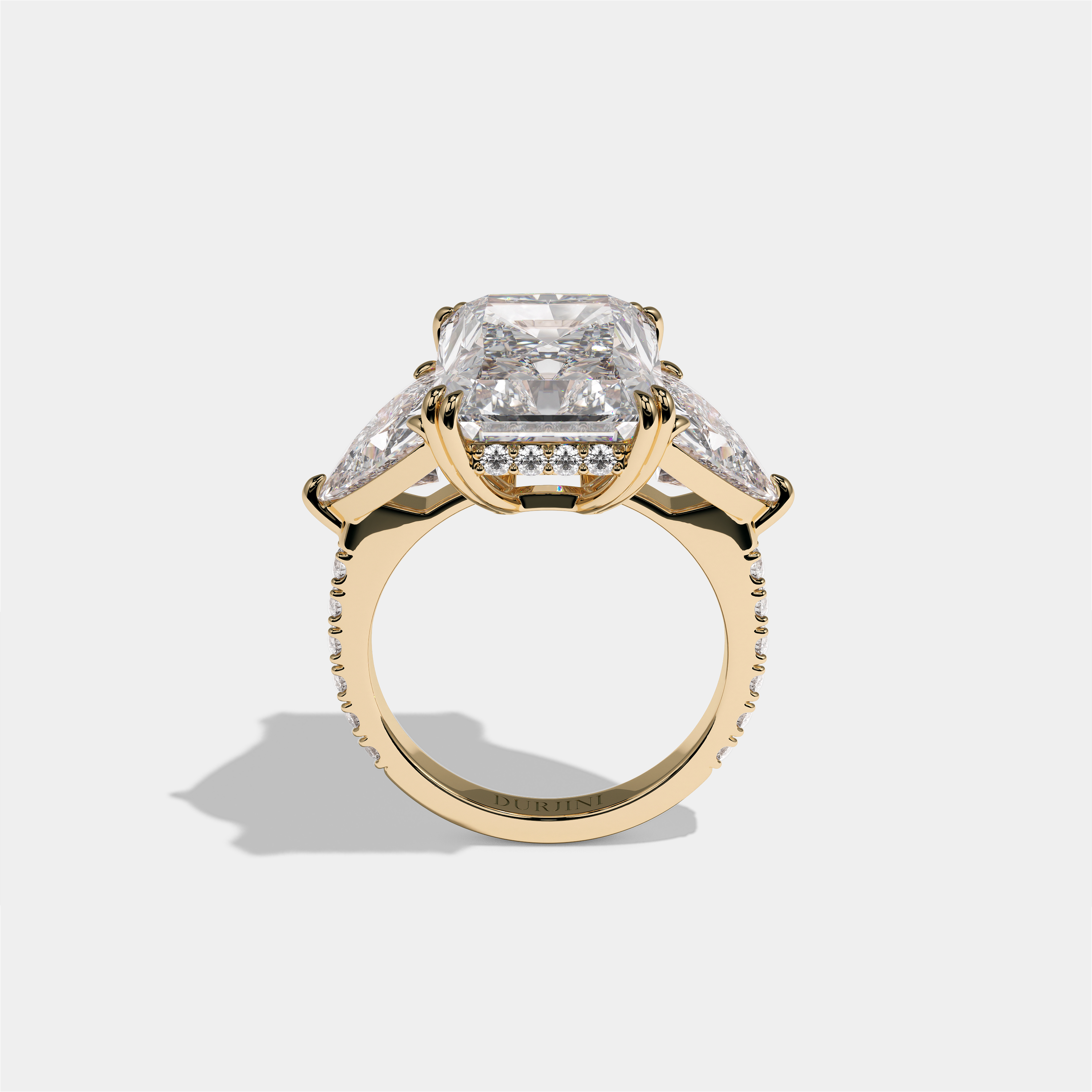 Tzipporah Lady Highbourne diamond radiant halo engagement ring in 18K yellow gold by Kurbãni Durjini, full view