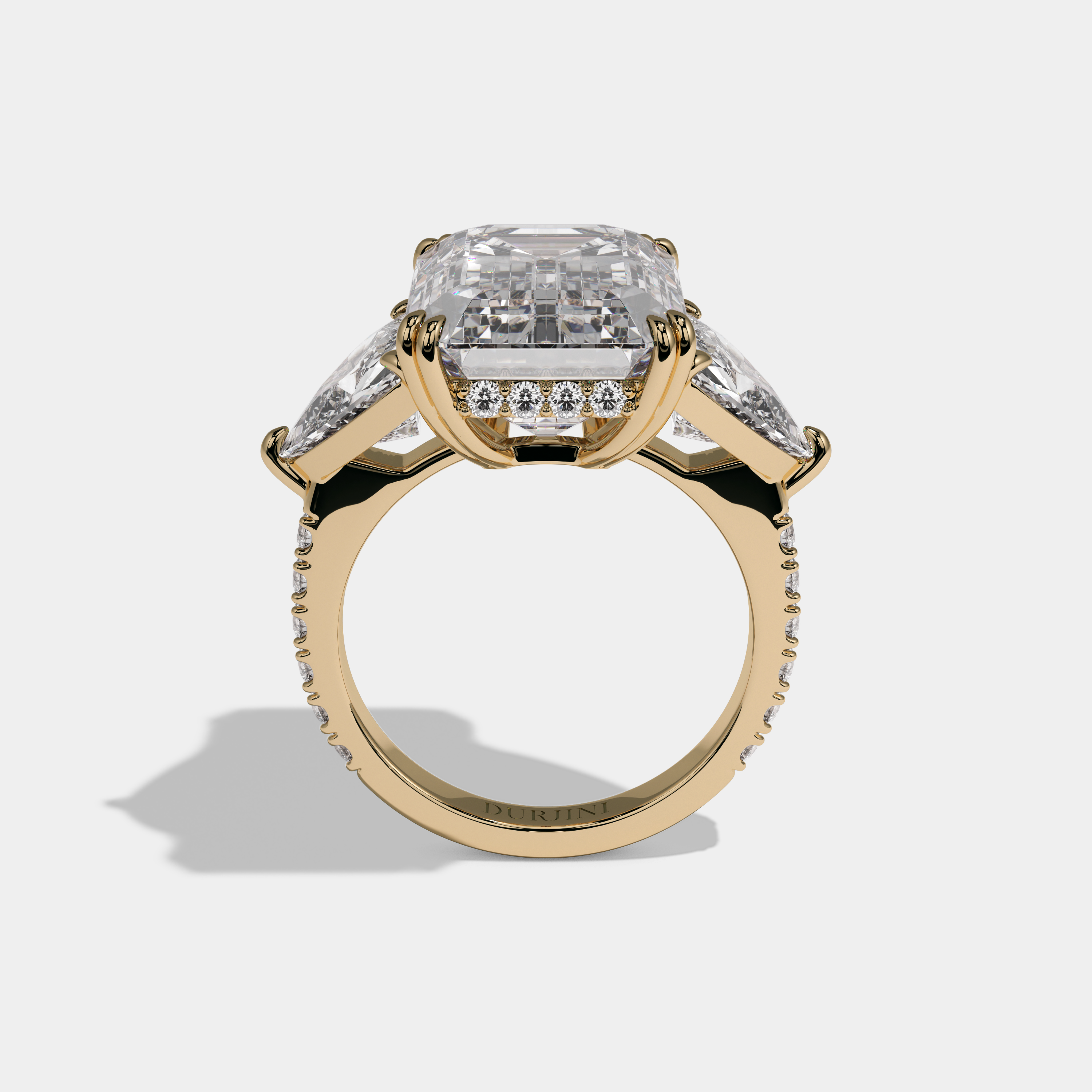 Adelaide Emerald Cut Diamond Halo Engagement Ring With Twin Trillion Cut Sides 10ct 18K Yellow Gold